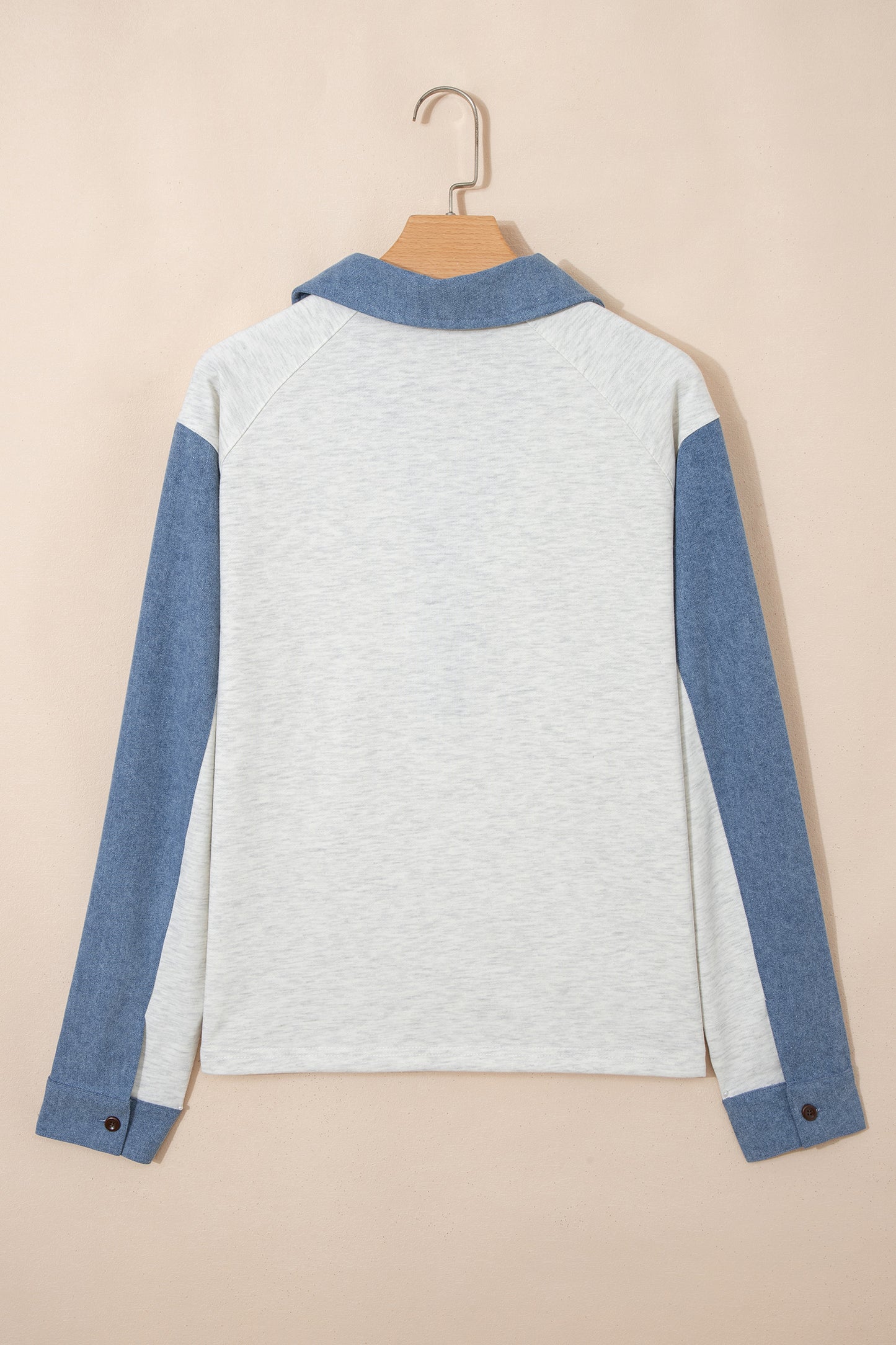 Light Grey Denim Patchwork Buttoned Polo Collar Long Sleeve Top-Tops/Long Sleeve Tops-[Adult]-[Female]-2022 Online Blue Zone Planet