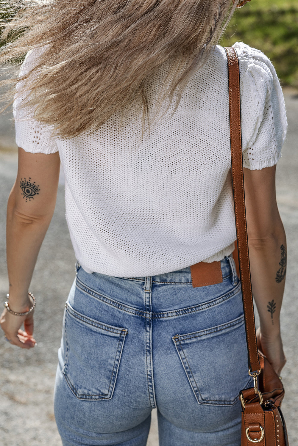 White Pointelle Knit Short Puff Sleeve Crewneck Sweater-TOPS / DRESSES-[Adult]-[Female]-2022 Online Blue Zone Planet