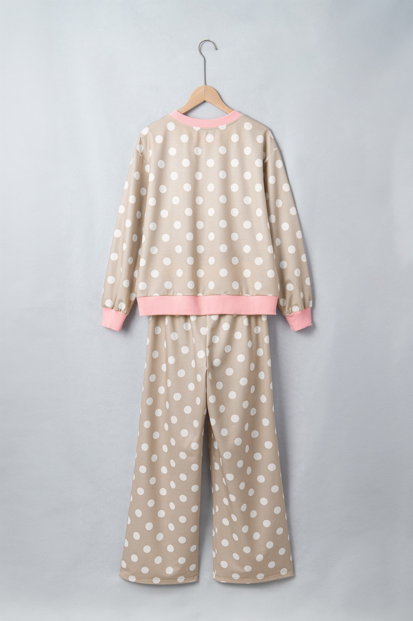 Khaki Polka Dot Contrast Trim Long Sleeve Top Drawstring Shift Pants Set-Two Piece Sets/Pant Sets-[Adult]-[Female]-2022 Online Blue Zone Planet