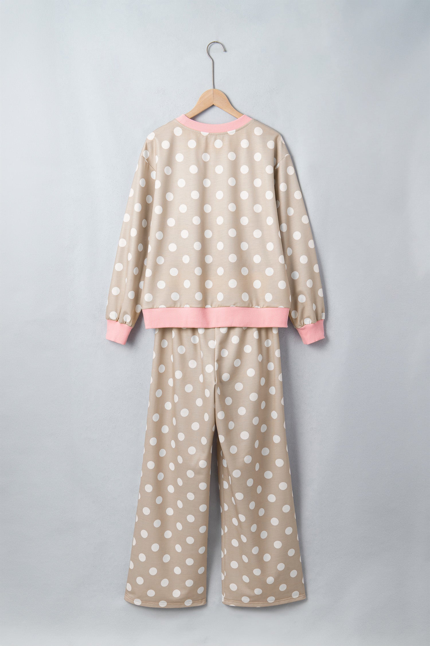 Khaki Polka Dot Contrast Trim Long Sleeve Top Drawstring Shift Pants Set-Two Piece Sets/Pant Sets-[Adult]-[Female]-2022 Online Blue Zone Planet