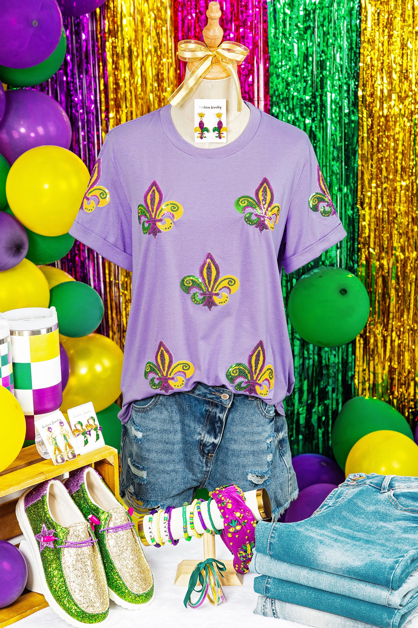 Wisteria Mardi Gras Sequined Pattern Holiday T Shirt-Graphic/Graphic Tees-[Adult]-[Female]-2022 Online Blue Zone Planet