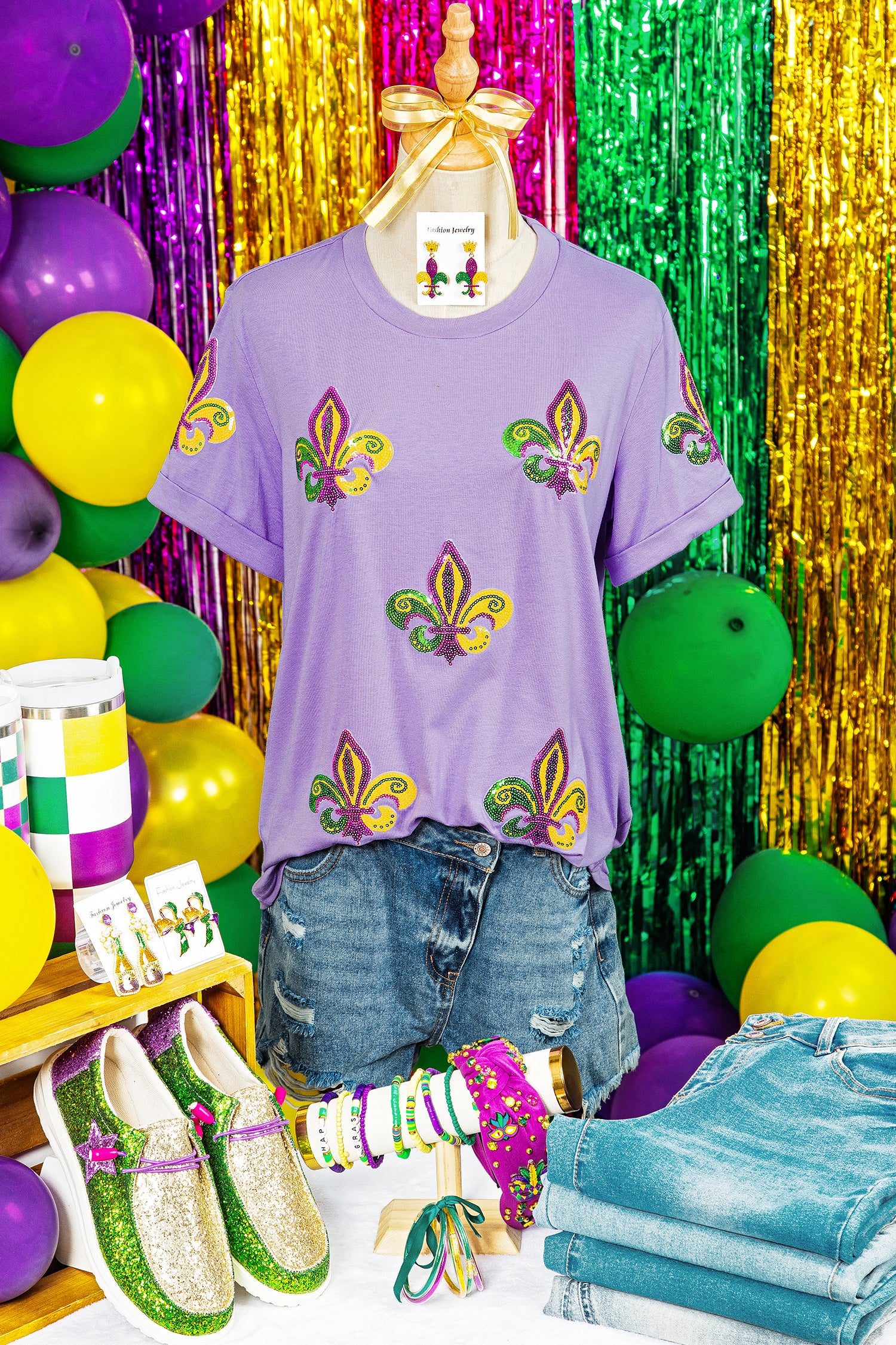 Wisteria Mardi Gras Sequined Pattern Holiday T Shirt-Graphic/Graphic Tees-[Adult]-[Female]-2022 Online Blue Zone Planet