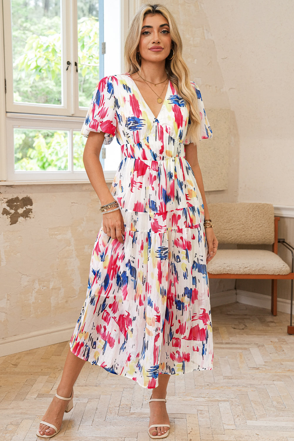 Rose Abstract Print Short Puff Sleeve Tiered Maxi Dress-15% OFF-[Adult]-[Female]-2022 Online Blue Zone Planet