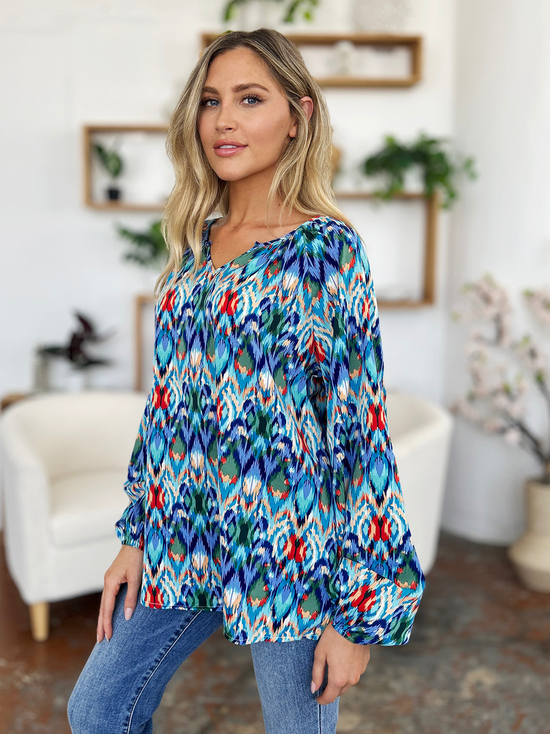 Blue Zone Planet | Double Take Full Size Printed Balloon Sleeve Blouse-TOPS / DRESSES-[Adult]-[Female]-2022 Online Blue Zone Planet