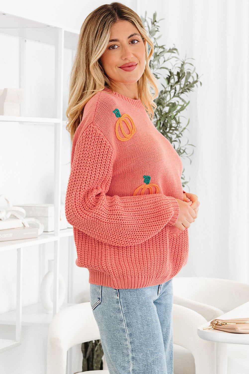 Blossom Pumpkin Embroidered Thanksgiving Holiday Sweater-Sweaters & Cardigans/Sweaters-[Adult]-[Female]-2022 Online Blue Zone Planet