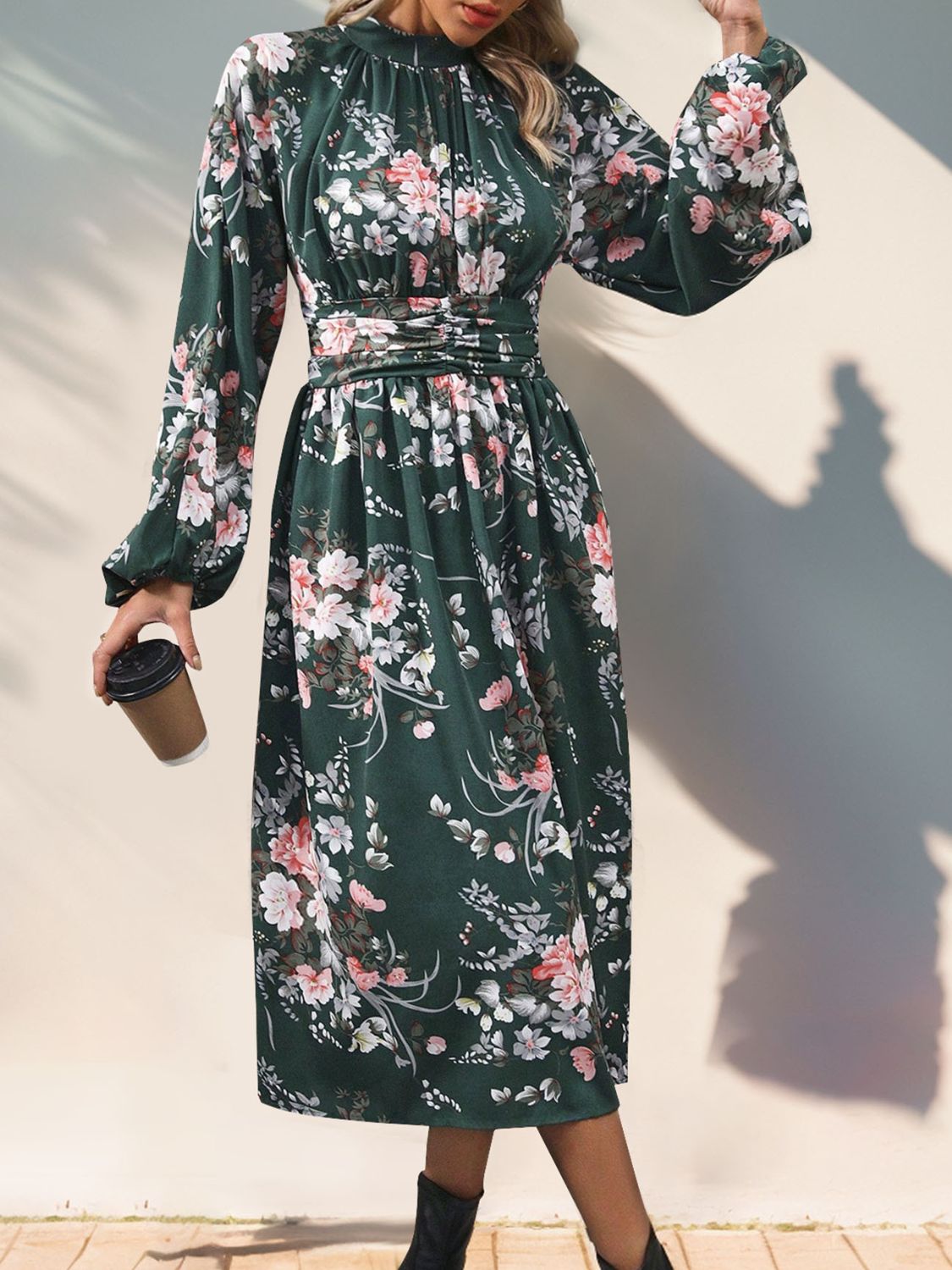 Ruched Printed Mock Neck Long Sleeve Midi Dress Black Forest / M