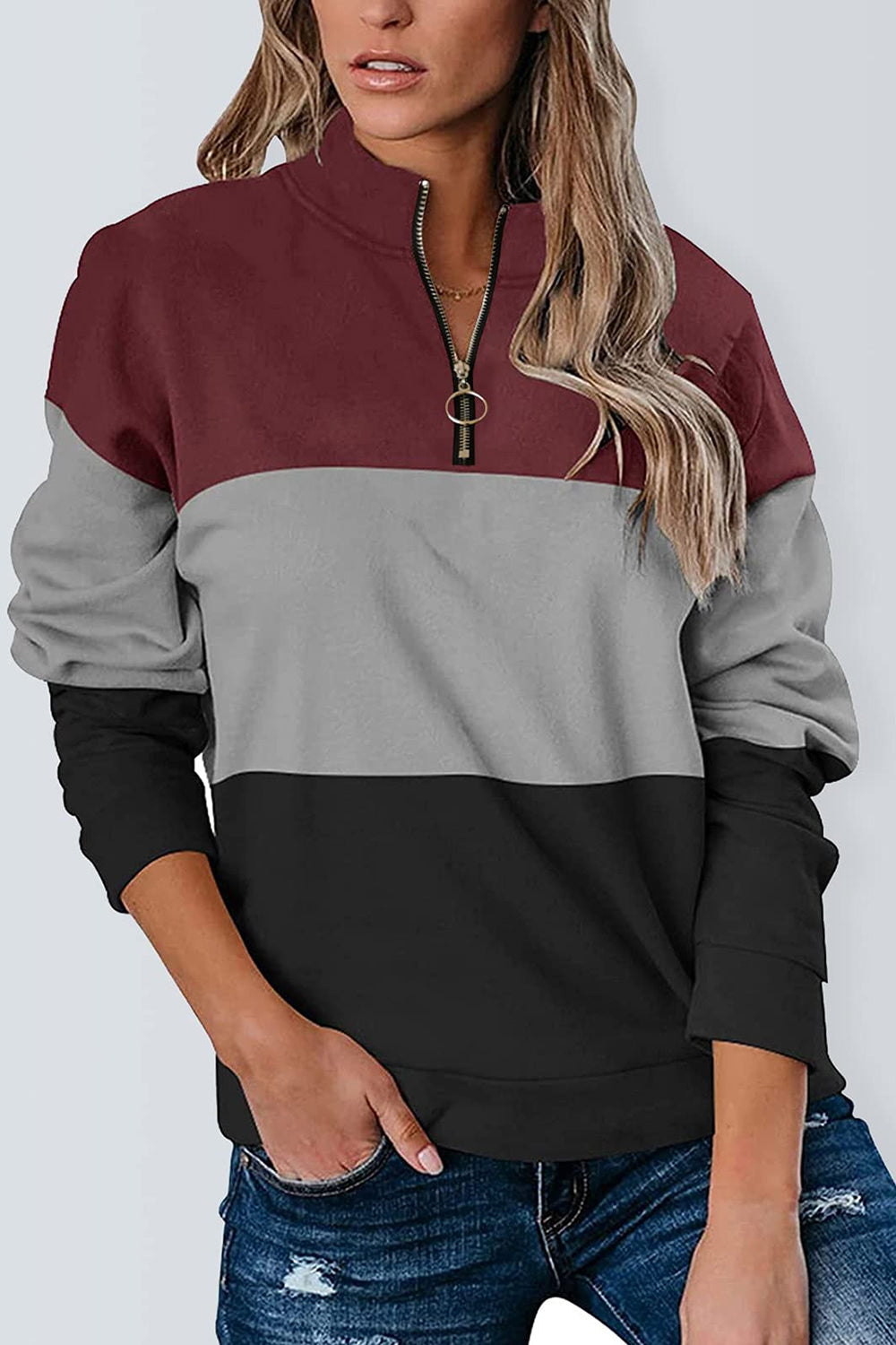 Full Size Color Block Quarter Zip Long Sleeve Sweatshirt-TOPS / DRESSES-[Adult]-[Female]-Black-S-2022 Online Blue Zone Planet