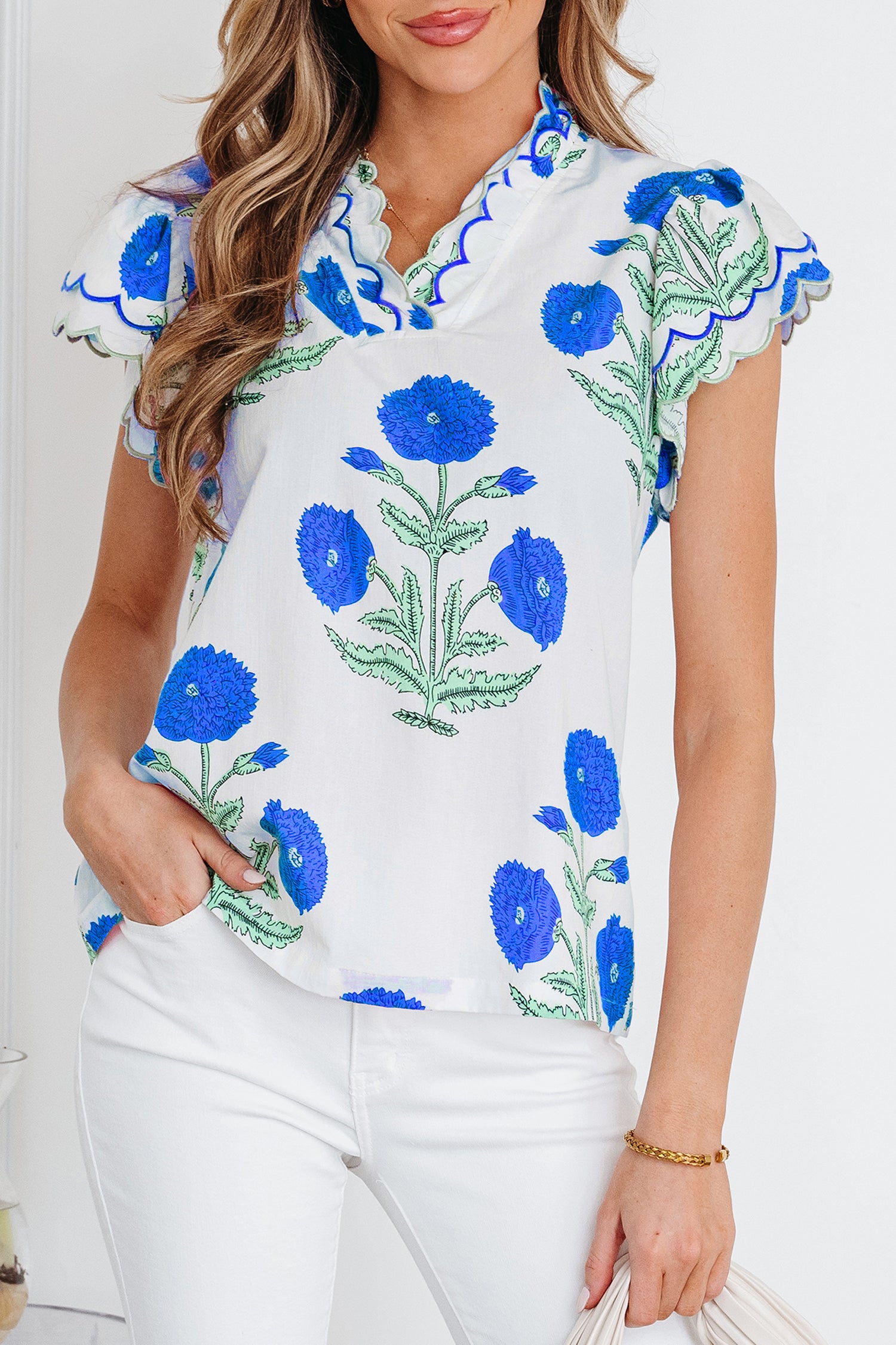 Blue Wild Flower Print Contrast Trim Scallop Detail Short Sleeve Blouse-Tops/Blouses & Shirts-[Adult]-[Female]-2022 Online Blue Zone Planet