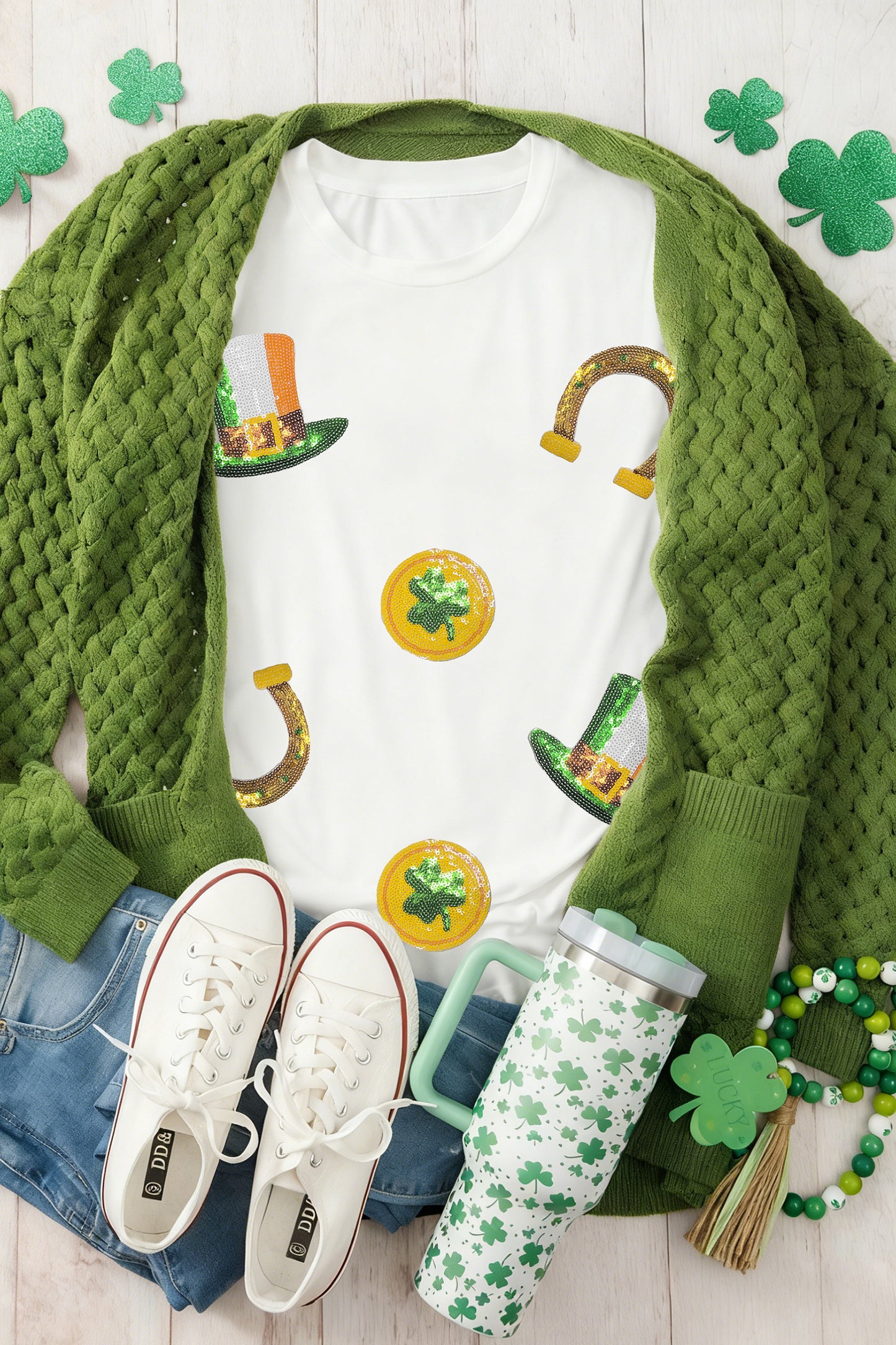 White St Patricks Day Sequin Graphic Casual T Shirt-Graphic/Graphic Tees-[Adult]-[Female]-2022 Online Blue Zone Planet