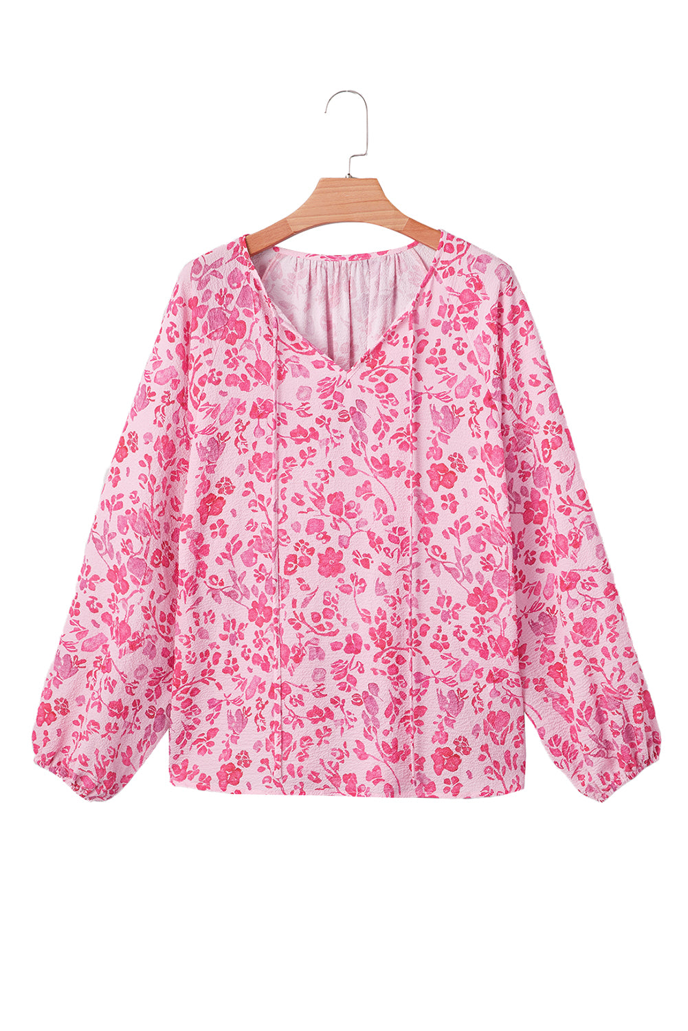 Pink Floral Puff Sleeve Split Neck Lightweight Blouse-Tops/Blouses & Shirts-[Adult]-[Female]-2022 Online Blue Zone Planet