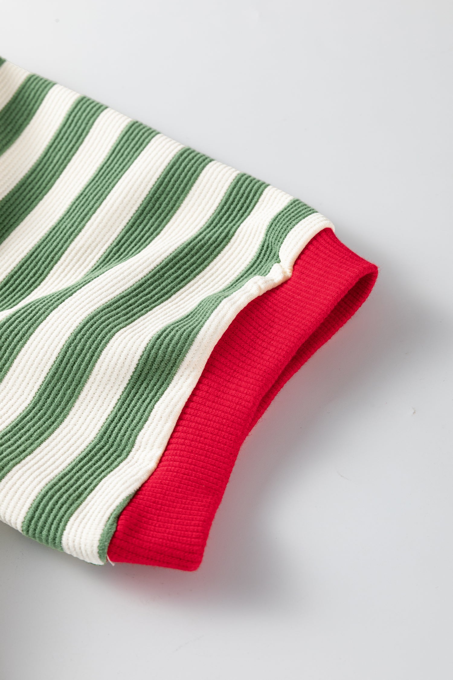 Green Stripe Short Puff Sleeve Contrast Trim Round Neck Tee-Tops/Tops & Tees-[Adult]-[Female]-2022 Online Blue Zone Planet