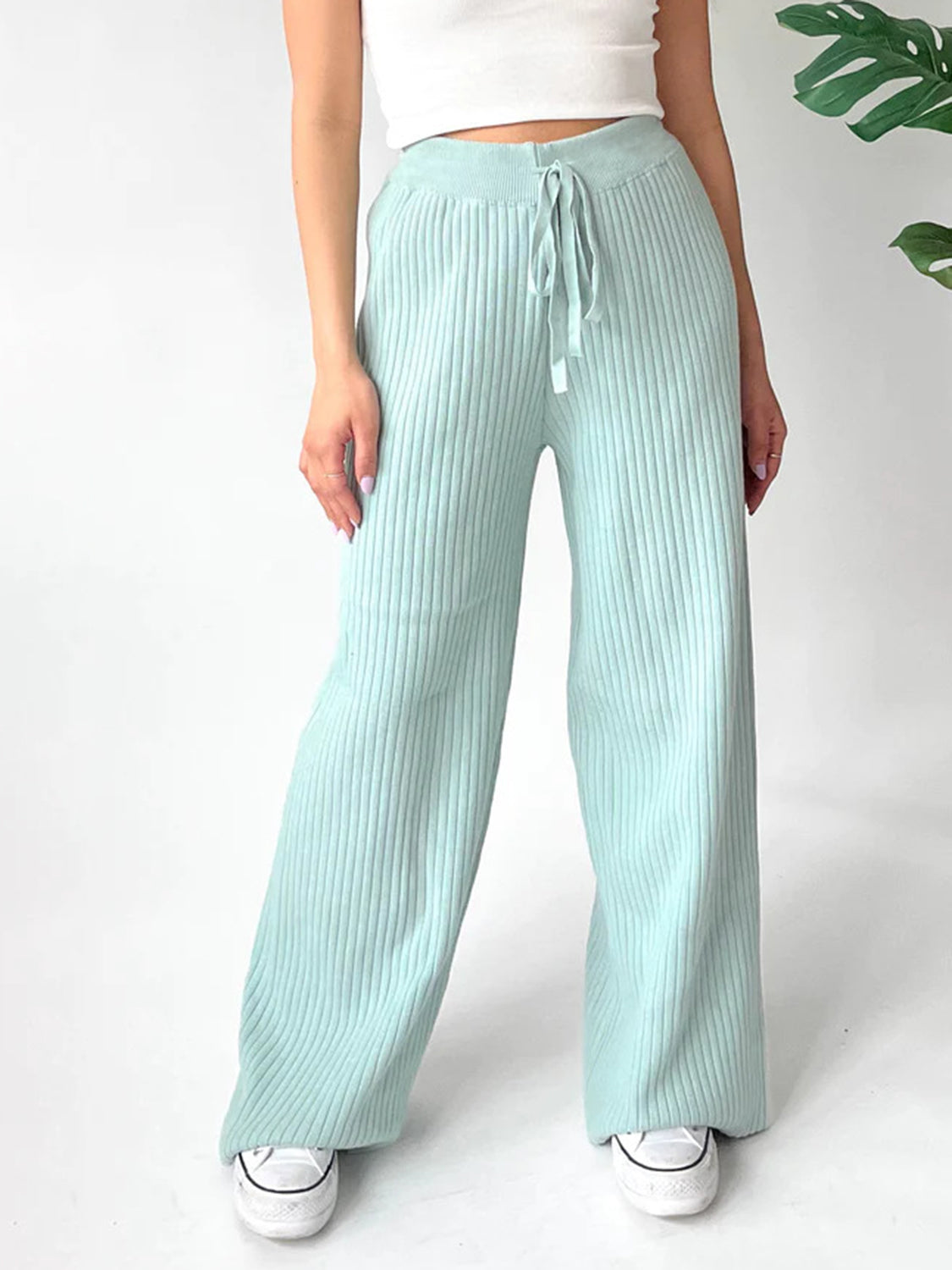 Blue Zone Planet | Ribbed Wide Leg Sweater Pants-BOTTOMS SIZES SMALL MEDIUM LARGE-[Adult]-[Female]-Mint Blue-S-2022 Online Blue Zone Planet