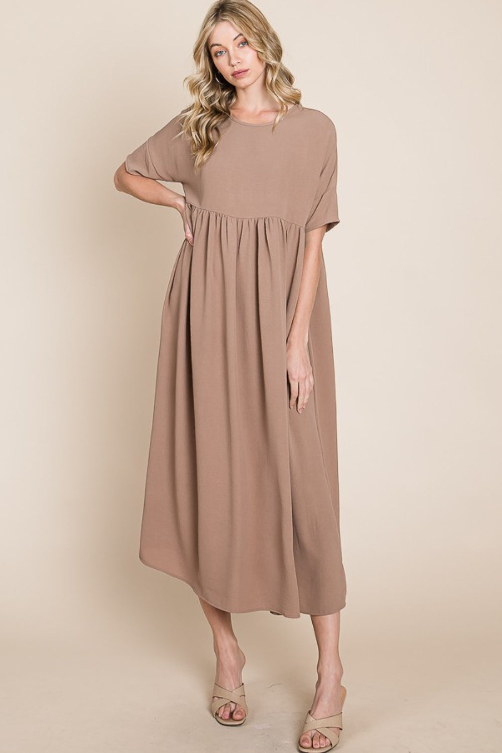 BOMBOM Round Neck Ruched Midi Dress-TOPS / DRESSES-[Adult]-[Female]-2022 Online Blue Zone Planet