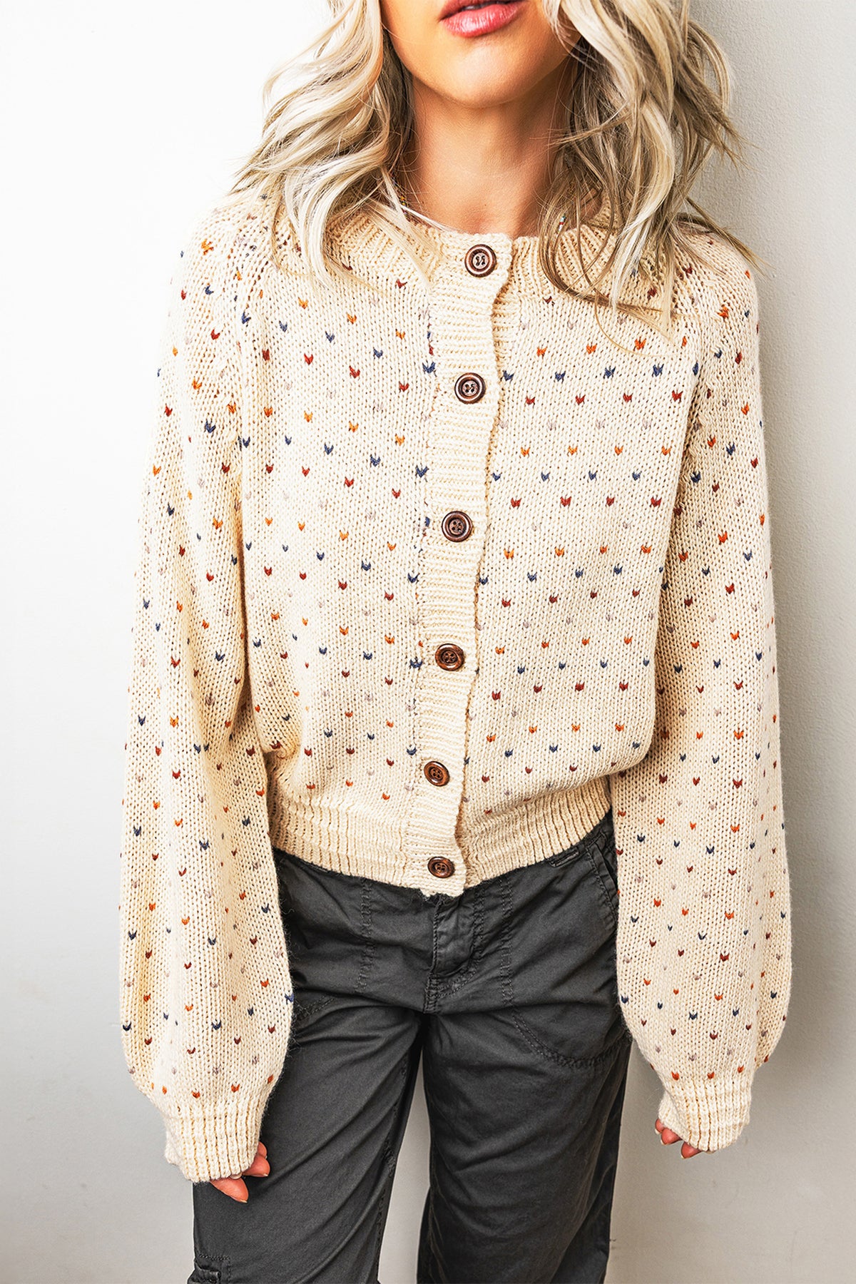 Beige Geometric Print Button Front Long Sleeve Regular Fit Cardigan-Sweaters & Cardigans/Cardigans-[Adult]-[Female]-2022 Online Blue Zone Planet