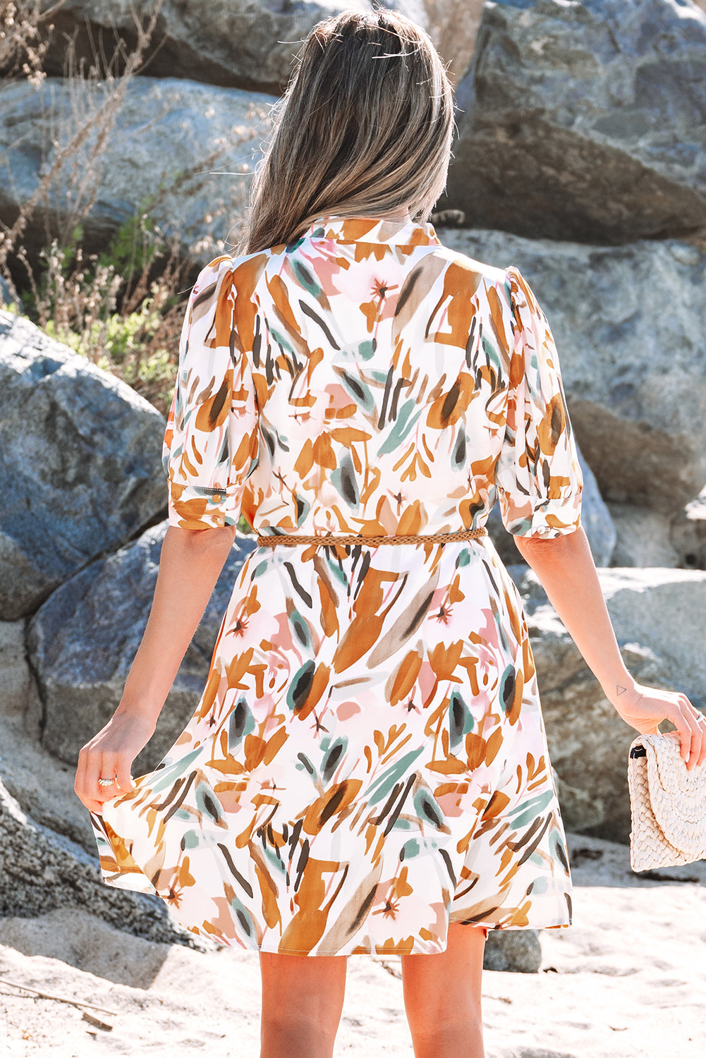 Brown Abstract Printed Puff Sleeve Button Up Braided Belt Mini Dress-Dresses/Mini Dresses-[Adult]-[Female]-2022 Online Blue Zone Planet