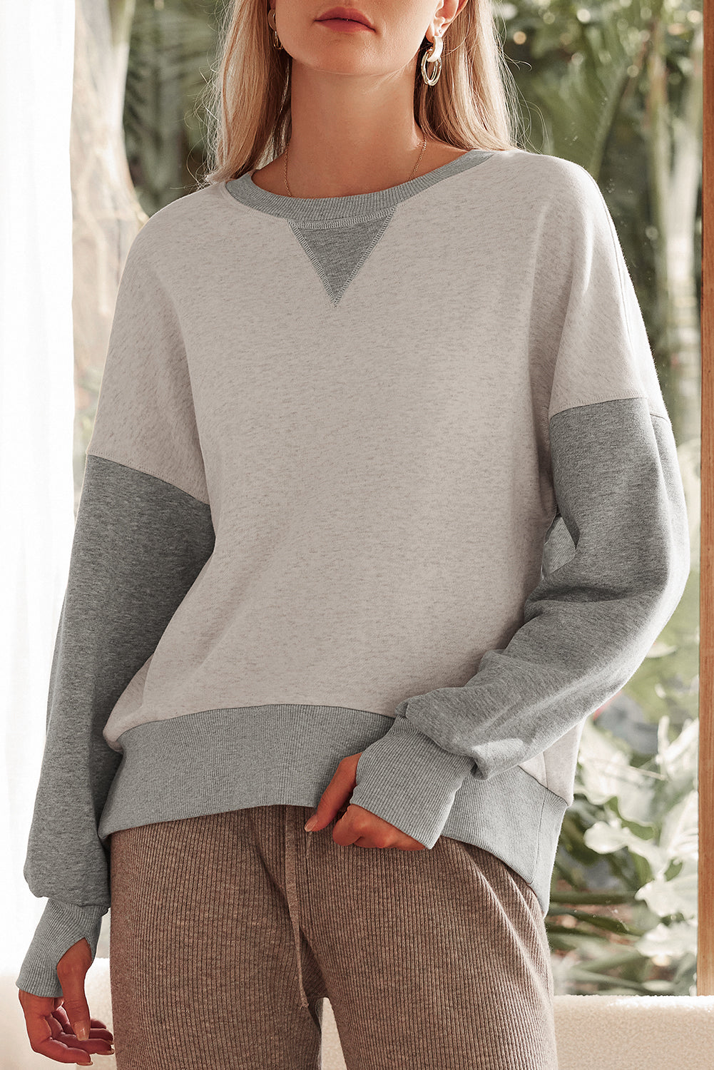 Blue Zone Planet | Parchment Color Block Thumbhole Sleeve Drop Shoulder Sweatshirt-Tops/Sweatshirts & Hoodies-[Adult]-[Female]-Light Grey-S-2022 Online Blue Zone Planet