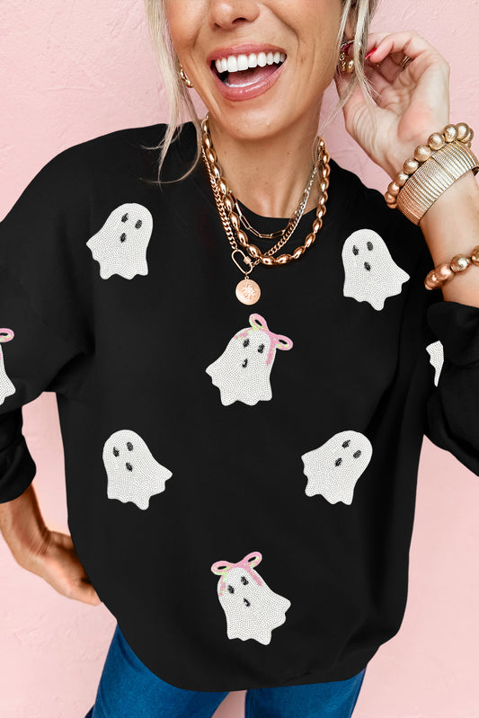 Black Sequin Cute Bow Ghost Graphic Crew Neck Halloween Sweatshirt-Graphic/Graphic Sweatshirts-[Adult]-[Female]-Black-S-2022 Online Blue Zone Planet