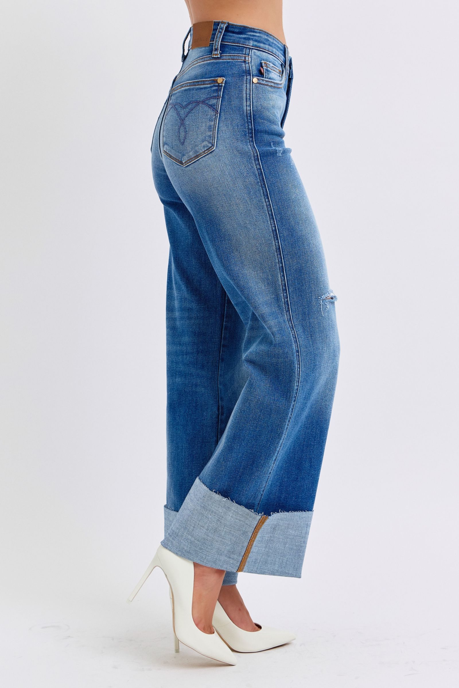 Blue Zone Planet | Judy Blue Full Size Distressed High Waist Wide Leg Jeans-BOTTOMS SIZES SMALL MEDIUM LARGE-[Adult]-[Female]-2022 Online Blue Zone Planet