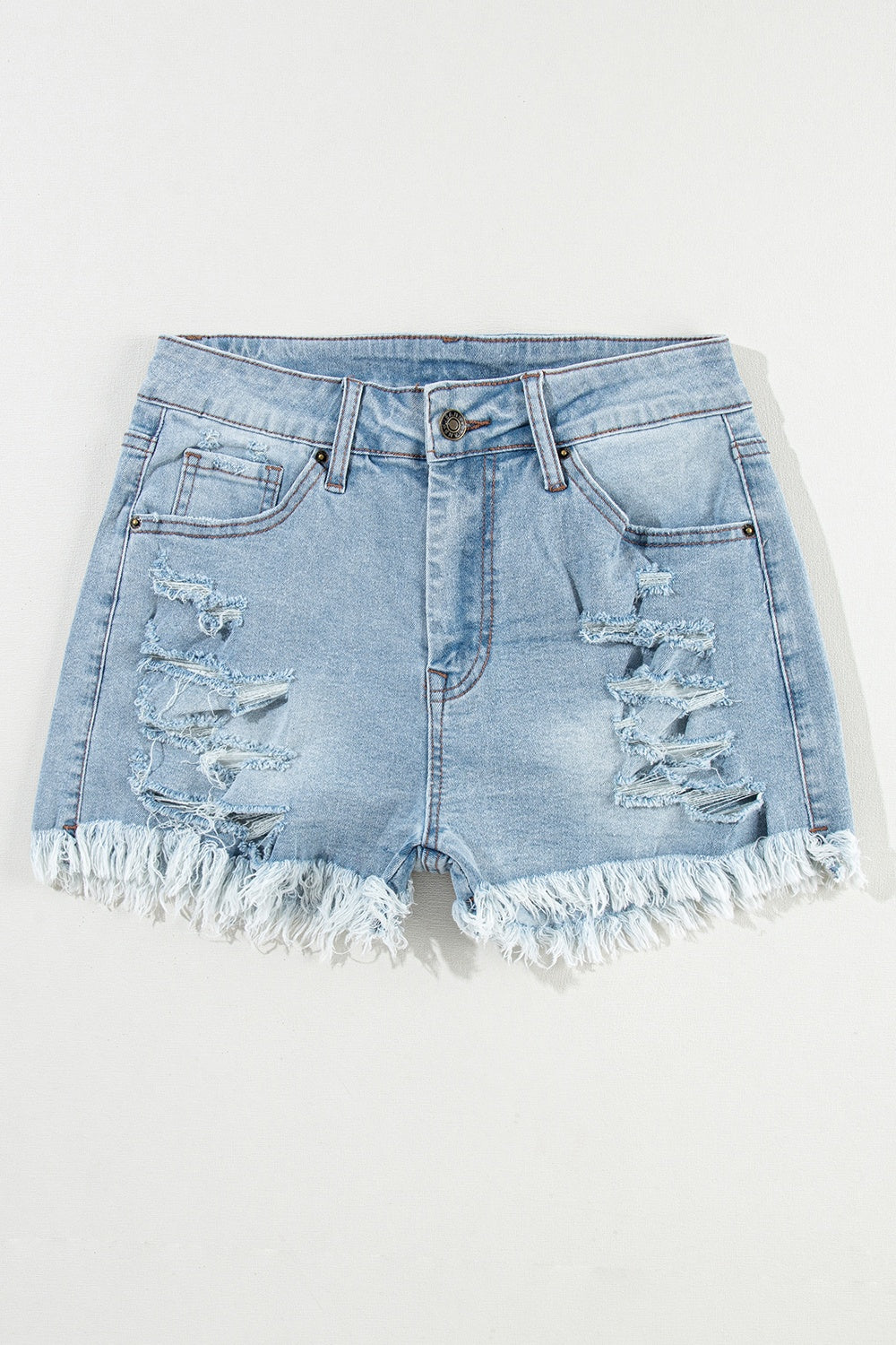 Distressed Raw Hem Denim Shorts-BOTTOMS SIZES SMALL MEDIUM LARGE-[Adult]-[Female]-2022 Online Blue Zone Planet