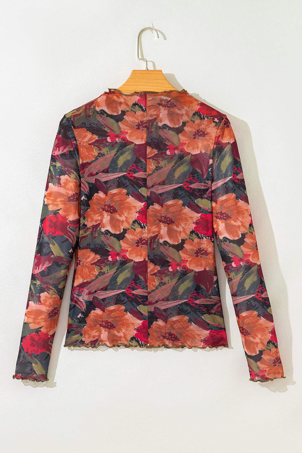 Multicolour Floral Print Lettuce Trim Long Sleeve Mesh Top-Tops/Long Sleeve Tops-[Adult]-[Female]-2022 Online Blue Zone Planet