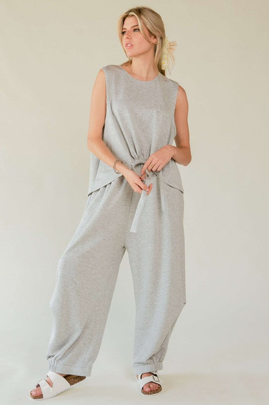 Blue Zone Planet | Davi & Dani Drawstring Hem Round Neck Tank and Pants Set-TOPS / DRESSES-[Adult]-[Female]-HEATHER GREY-S-2022 Online Blue Zone Planet