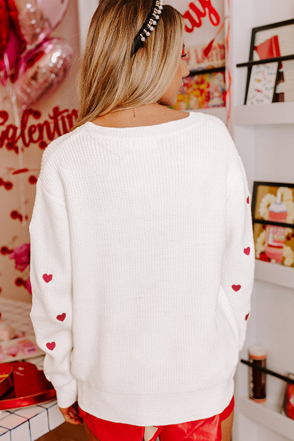 Blue Zone Planet | White Heart Pattern Drop Shoulder Round Neck Sweater-Sweaters-[Adult]-[Female]-2022 Online Blue Zone Planet