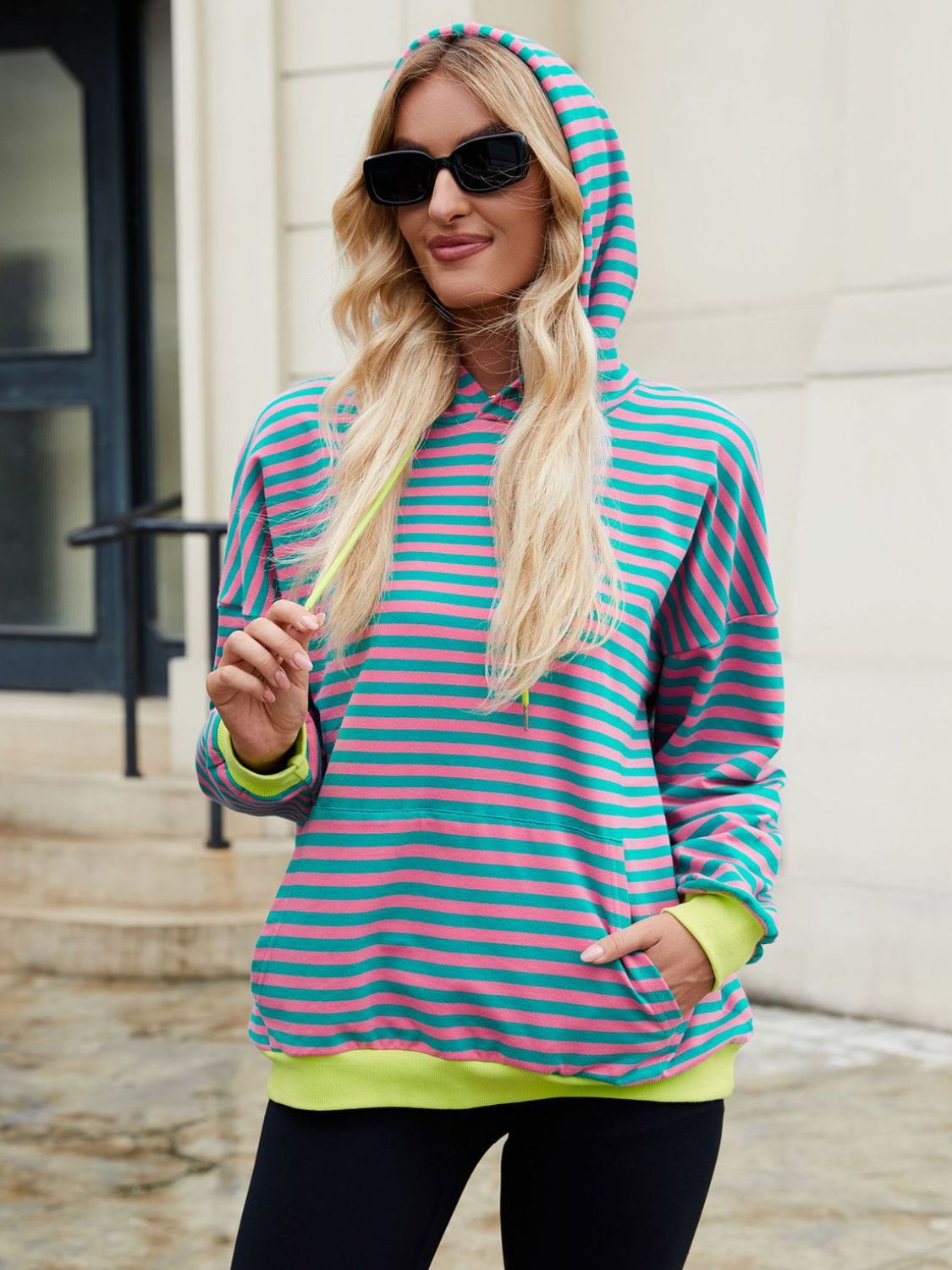 Drawstring Contrast Striped Long Sleeve Hoodie-TOPS / DRESSES-[Adult]-[Female]-Coral-S-2022 Online Blue Zone Planet