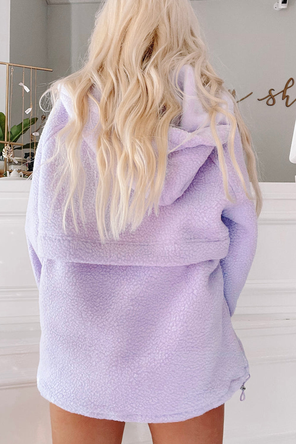 Lavendula Zipped Patch Pocket Fuzzy Drawstring Hoodie-Tops/Sweatshirts & Hoodies-[Adult]-[Female]-2022 Online Blue Zone Planet