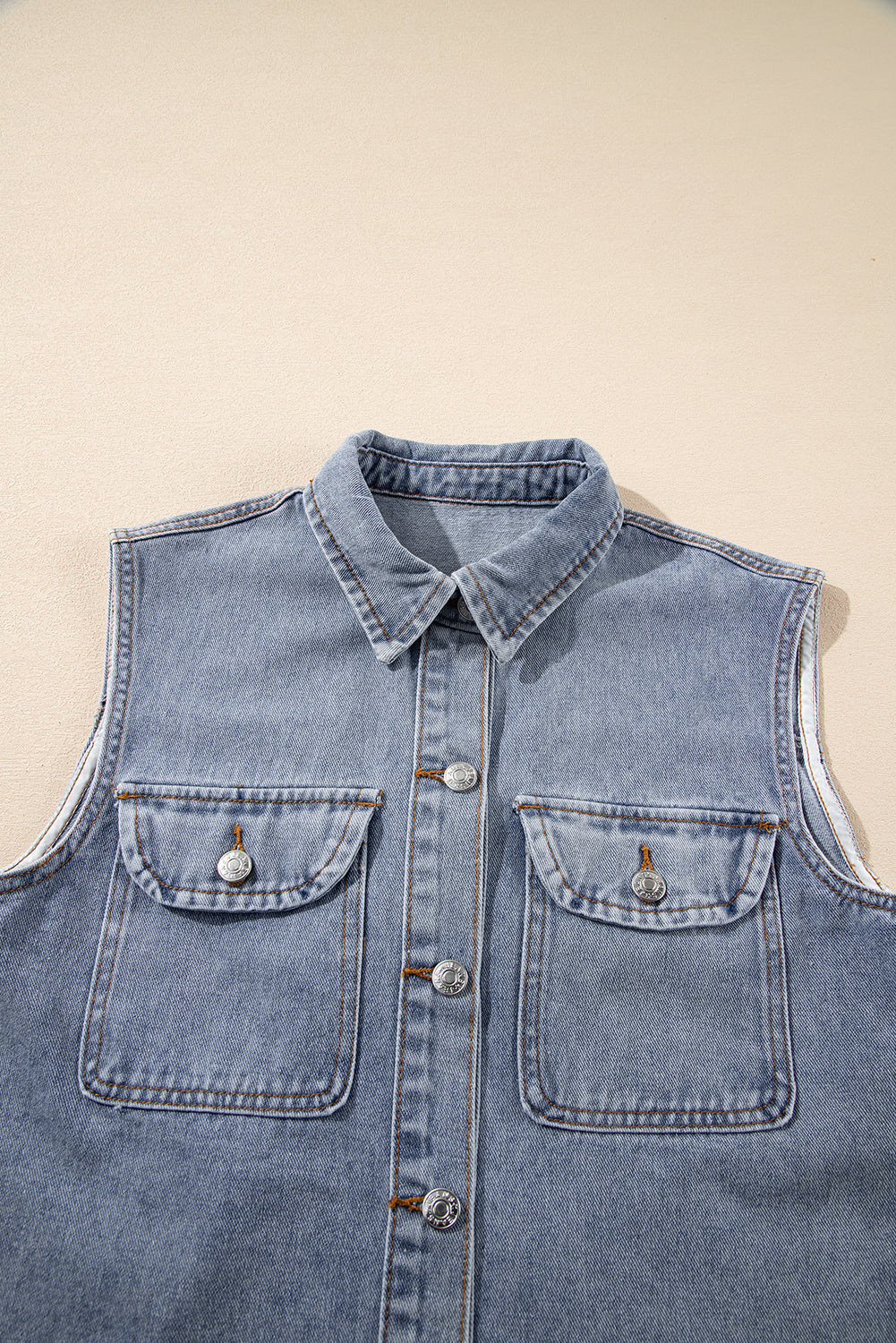 Beau Blue Denim Flap Pocket Curved Hem Shirt Vest-Outerwear/Vests-[Adult]-[Female]-2022 Online Blue Zone Planet