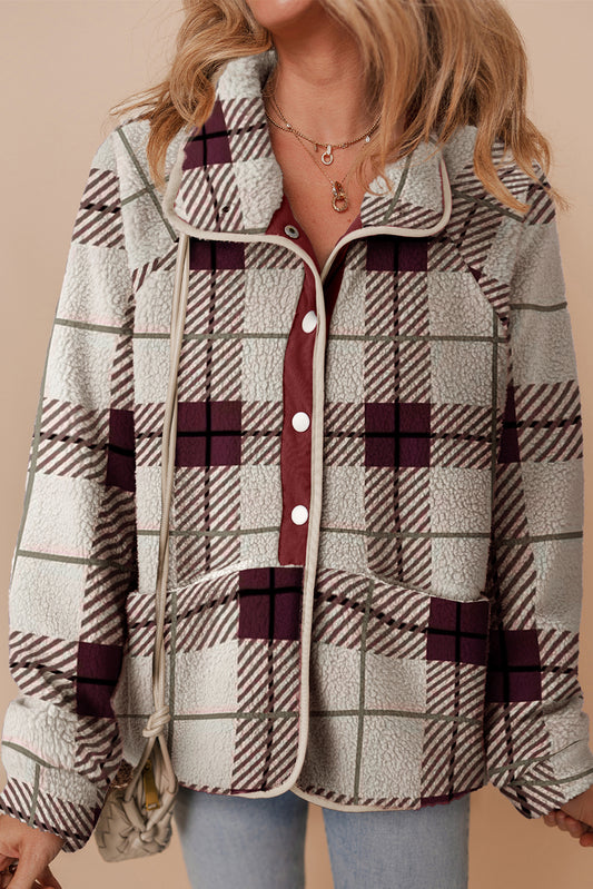 Multicolour Plaid Print Buttoned Stand Collar Fleece Jacket-Outerwear/Jackets-[Adult]-[Female]-Multicolour-S-2022 Online Blue Zone Planet