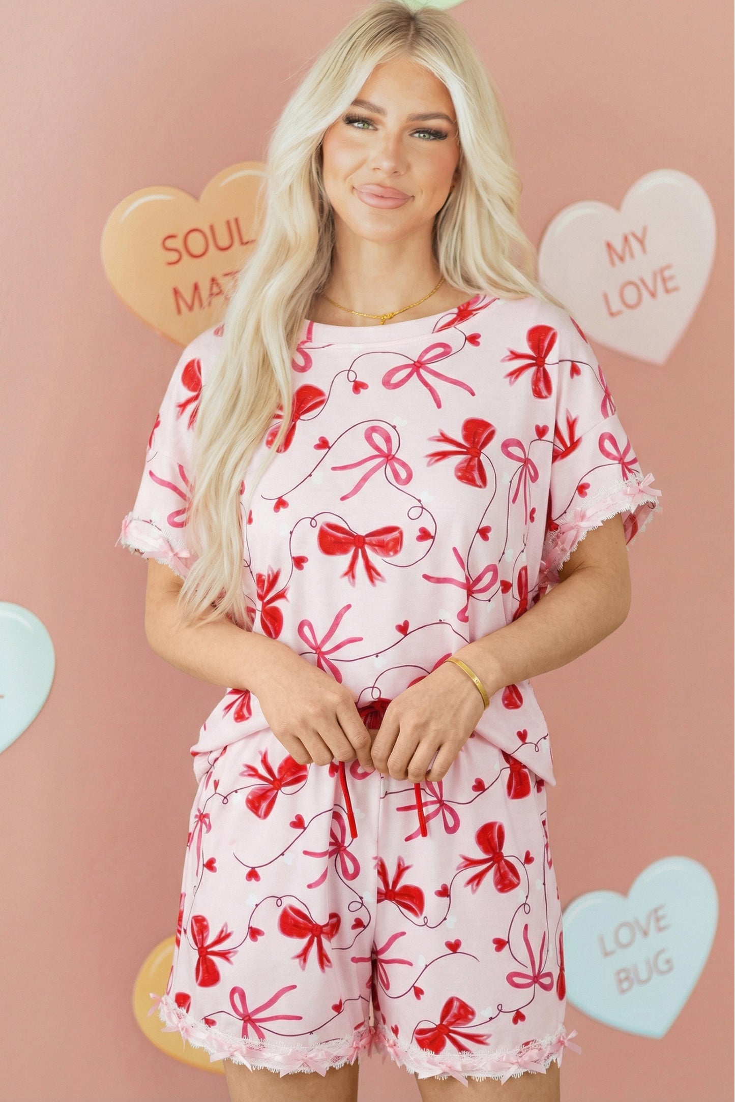 Red Romantic Bow Print Loose Tee Drawstring Shorts 2pcs Lounge Set-Loungewear & Sleepwear/Loungewear-[Adult]-[Female]-2022 Online Blue Zone Planet