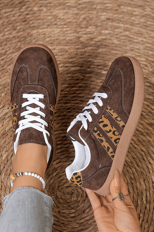 Coffee Contrast Lace-Up Leopard Patchwork Detail Faux Suede Shoes-Shoes & Bags/Womens Shoes-[Adult]-[Female]-Coffee-37-2022 Online Blue Zone Planet