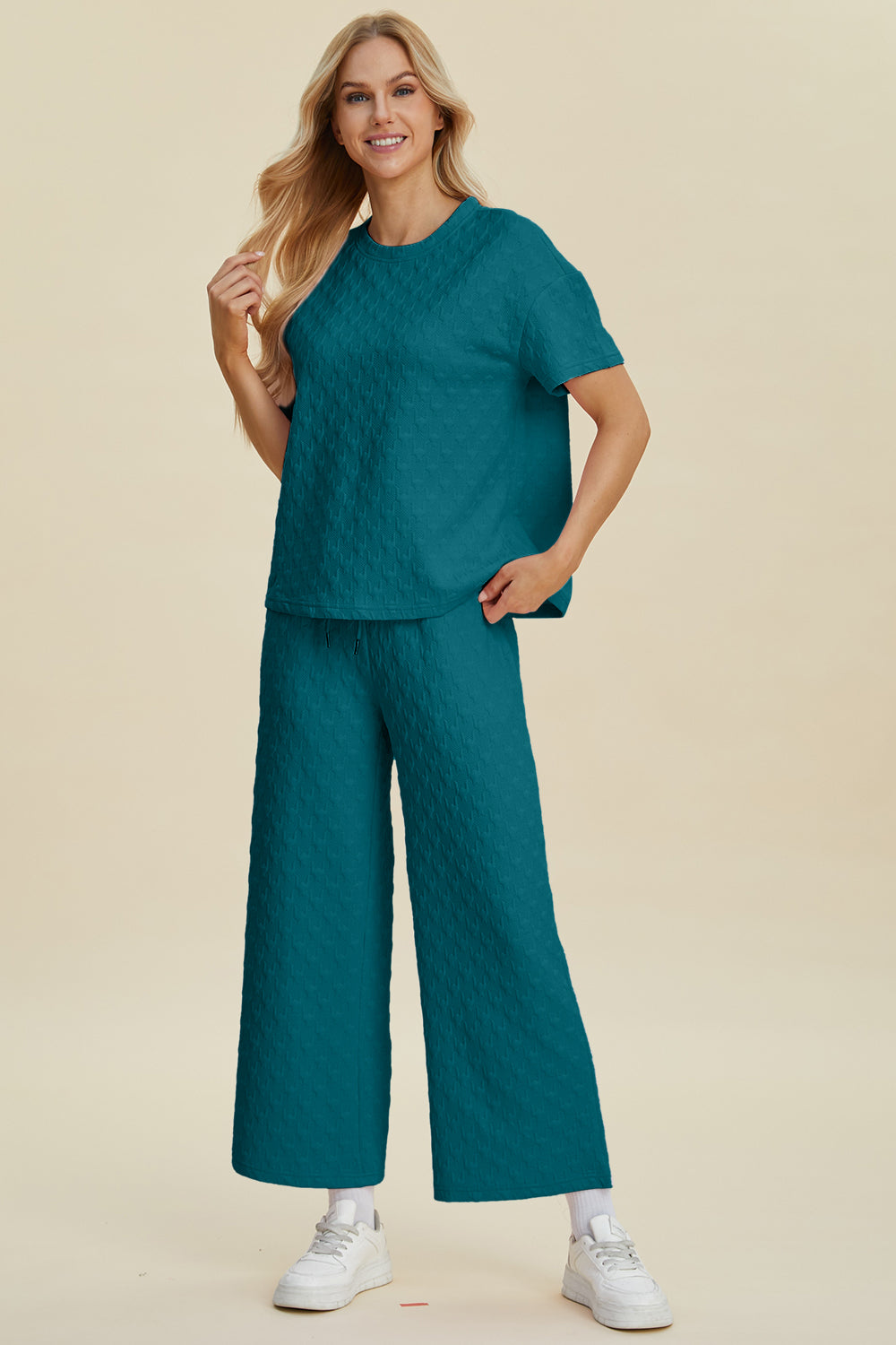 Blue Zone Planet | Double Take Full Size Texture Round Neck Short Sleeve Top and Pants Set-TOPS / DRESSES-[Adult]-[Female]-2022 Online Blue Zone Planet