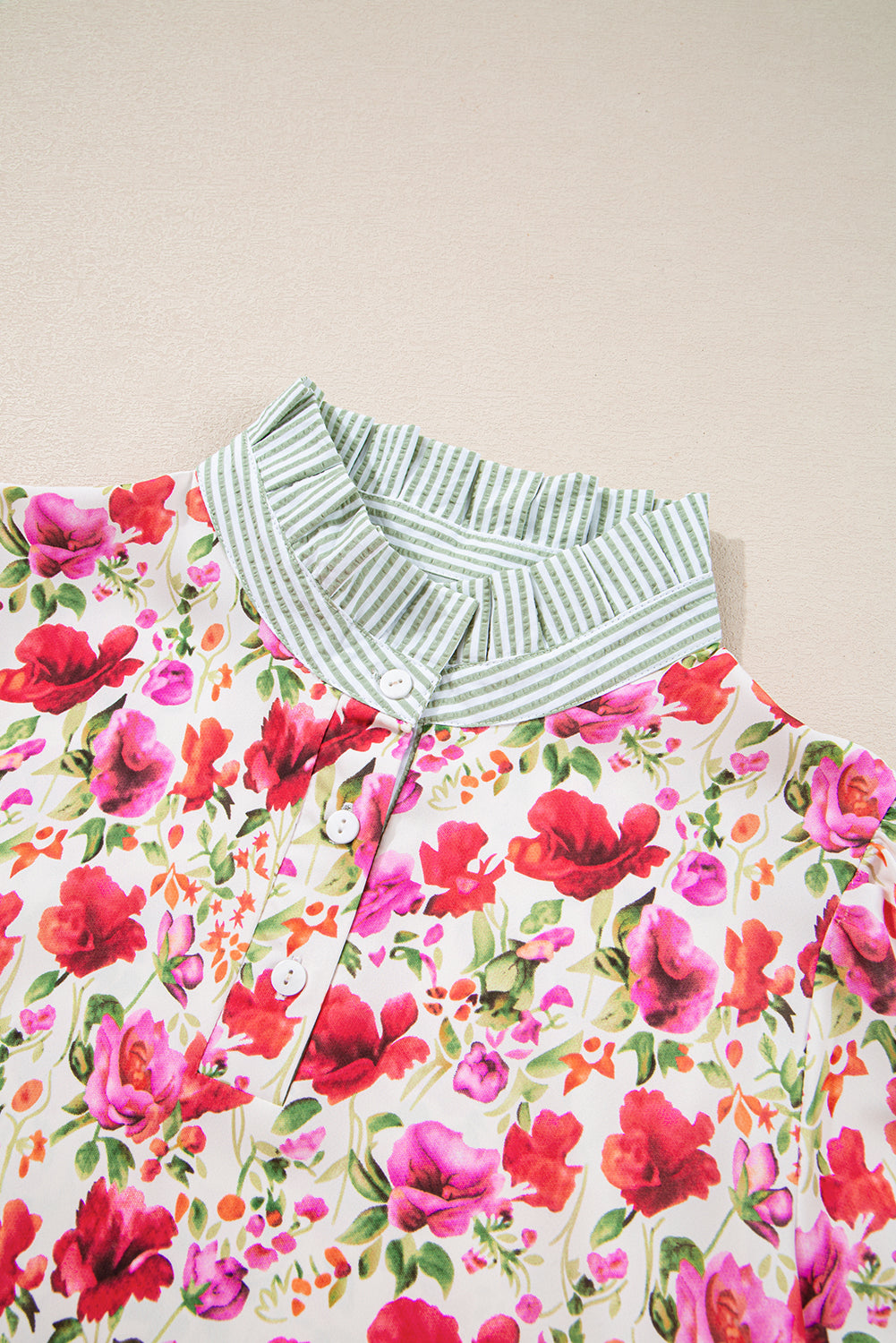 Red Floral Print Striped Patchwork Collared Short Sleeve Blouse-Tops/Blouses & Shirts-[Adult]-[Female]-2022 Online Blue Zone Planet
