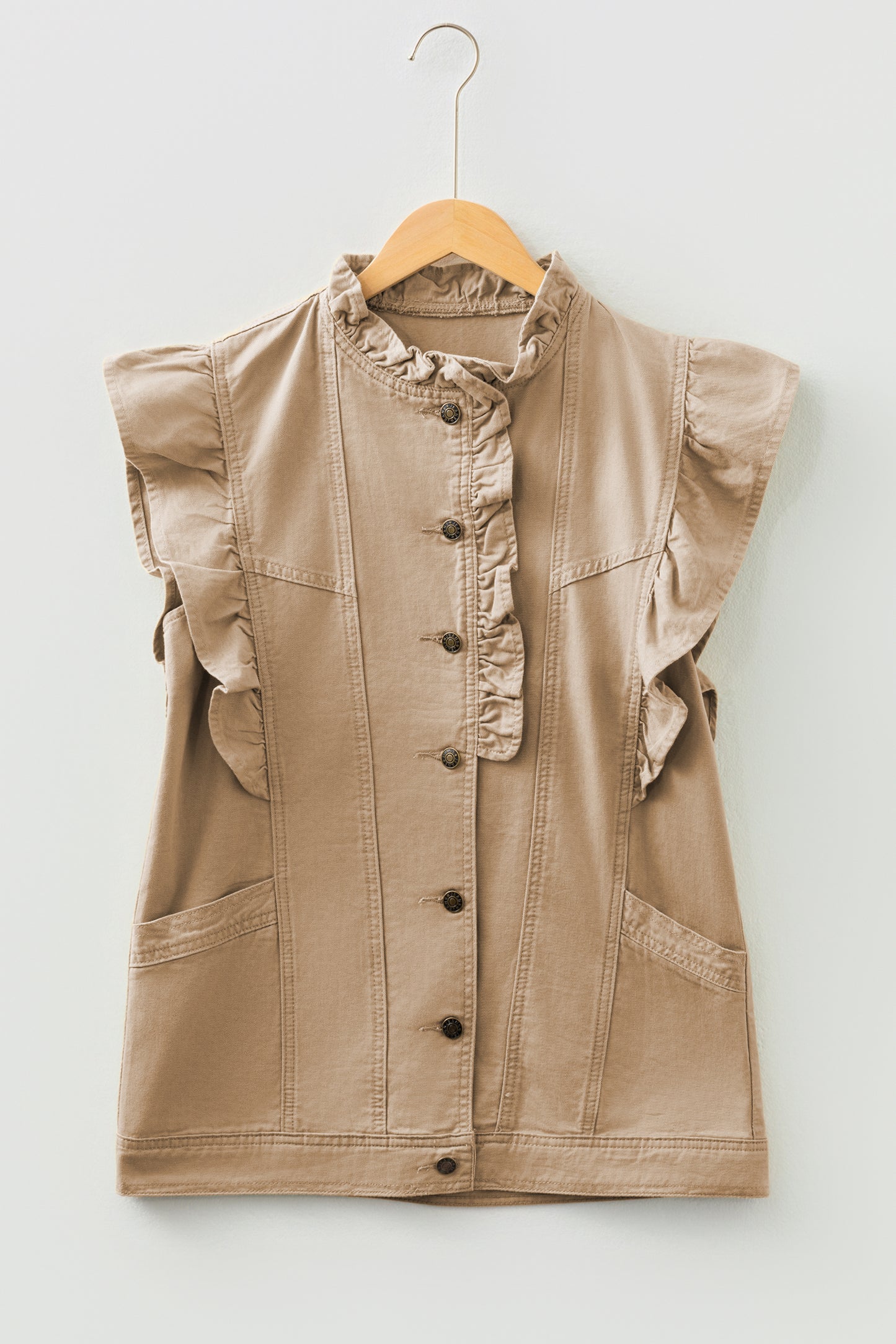 Pale Khaki Ruffled Patchwork Denim Jacket Vest-Outerwear/Vests-[Adult]-[Female]-2022 Online Blue Zone Planet