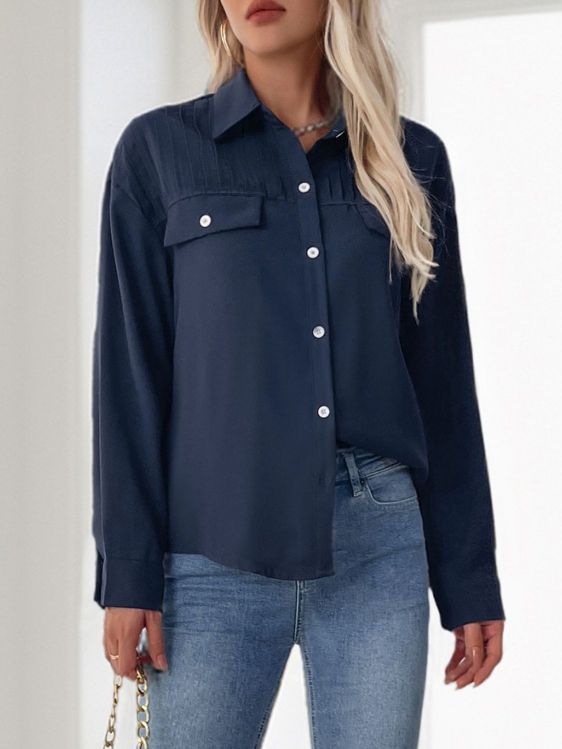 Perfee Buttoned Down Long Sleeve Shirt-TOPS / DRESSES-[Adult]-[Female]-2022 Online Blue Zone Planet