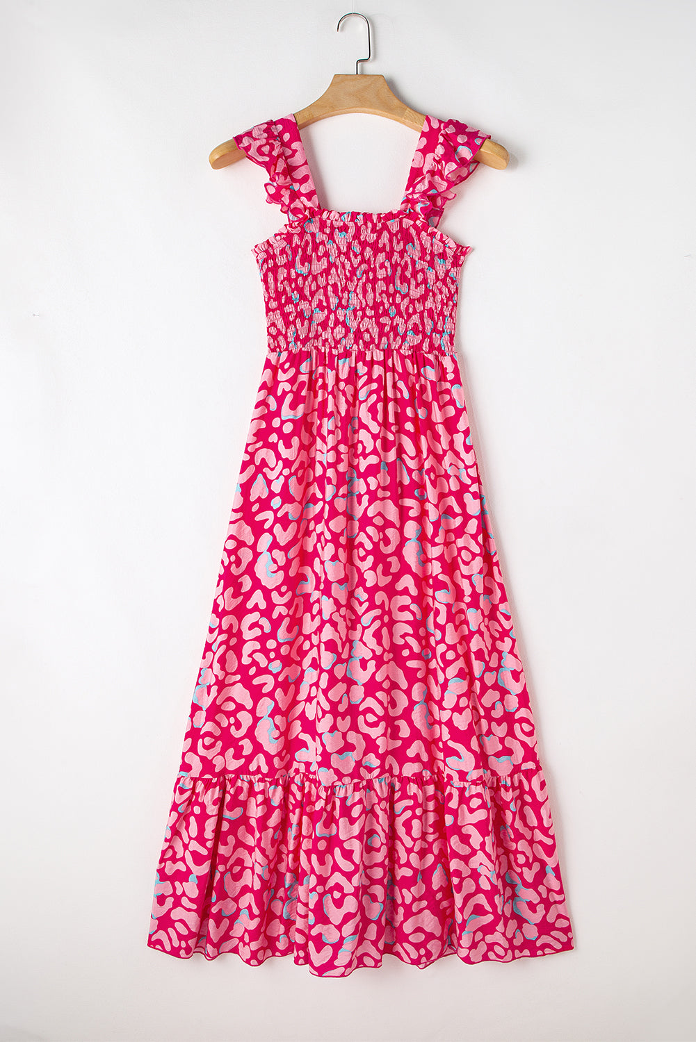 Pink Leopard Ruffle Straps Smocked High Waist Long Dress Blue Zone Planet