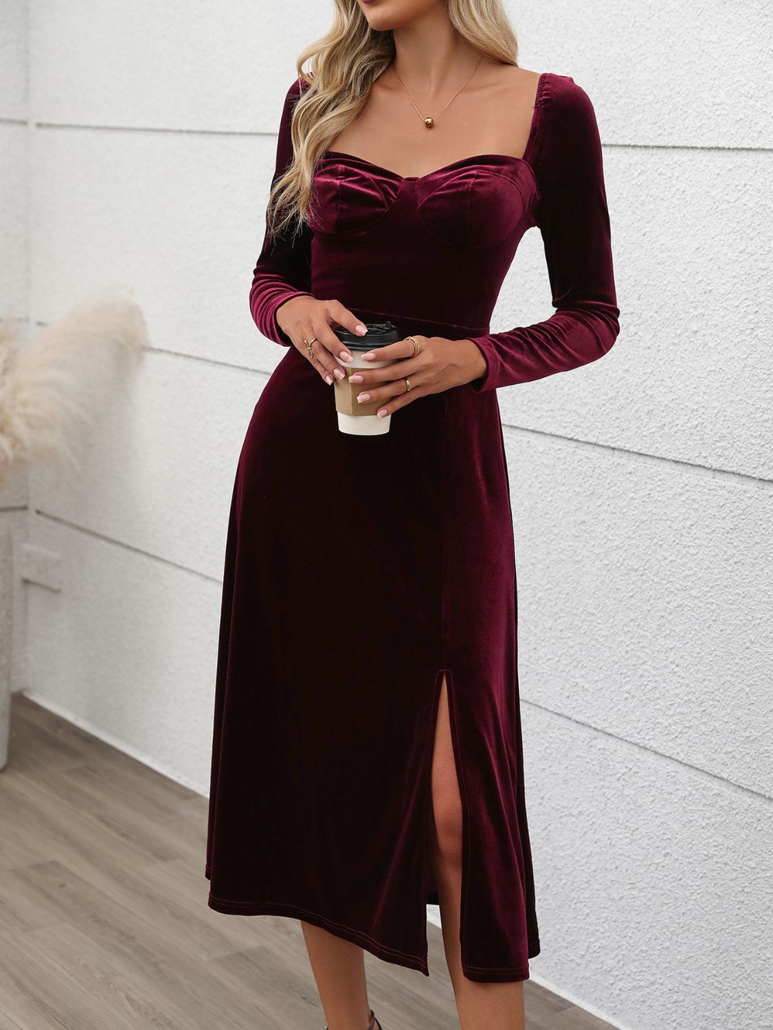 Perfee Sweetheart Neck Long Sleeve Midi Dress-TOPS / DRESSES-[Adult]-[Female]-2022 Online Blue Zone Planet