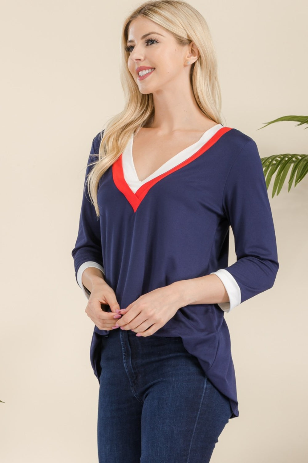 Celeste Full Size Celeste Full Size V-Neck Contrast T-Shirt-TOPS / DRESSES-[Adult]-[Female]-2022 Online Blue Zone Planet