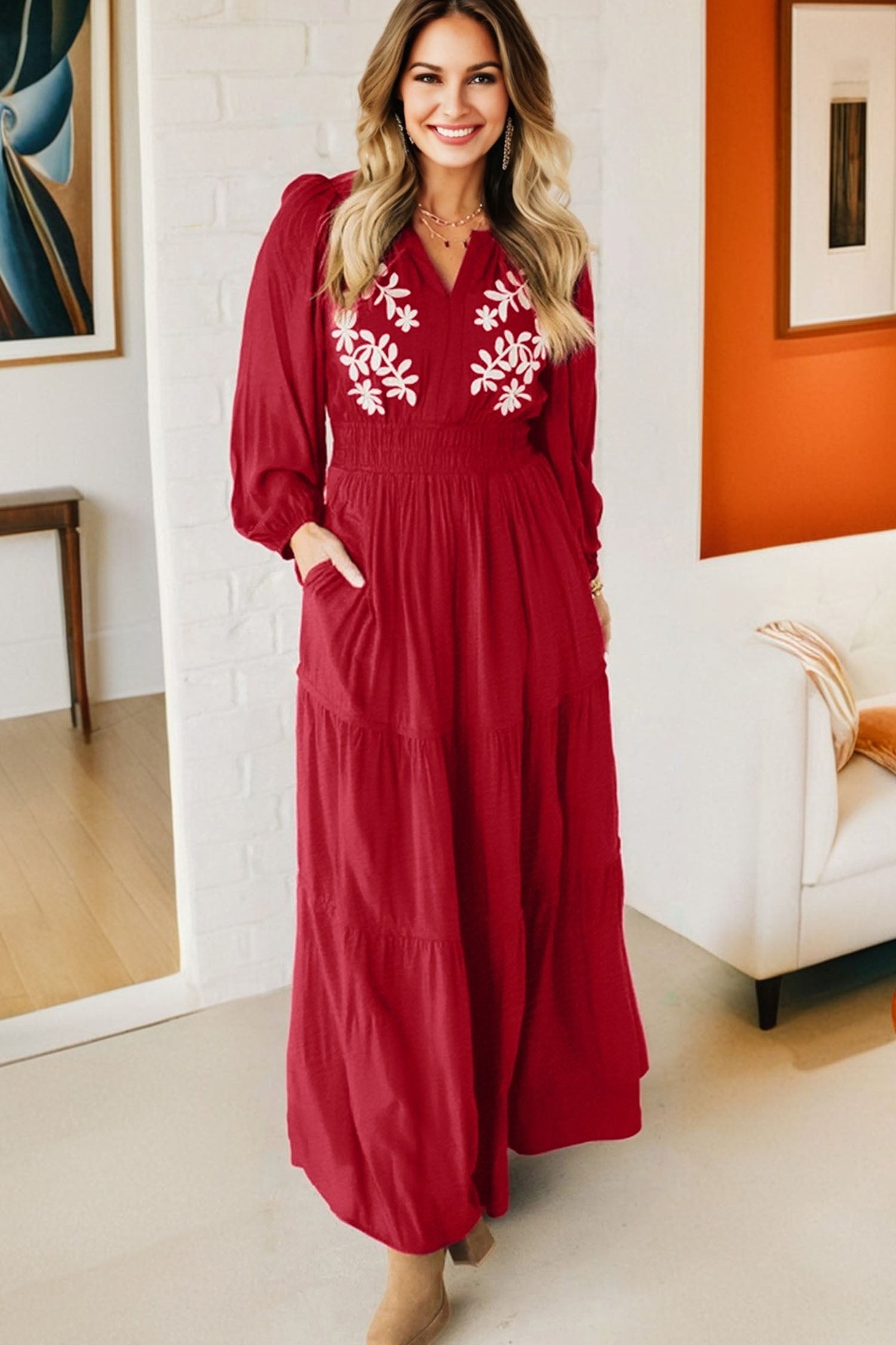 Racing Red Contrast Embroidered Detail Cinched Waist Tiered Long Sleeve Maxi Dress-TOPS / DRESSES-[Adult]-[Female]-2022 Online Blue Zone Planet