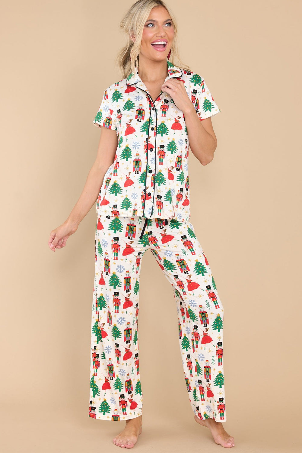 White Printed Christmas Pattern Buttoned Two Piece Sleepwear-Loungewear & Sleepwear/Sleepwear-[Adult]-[Female]-2022 Online Blue Zone Planet