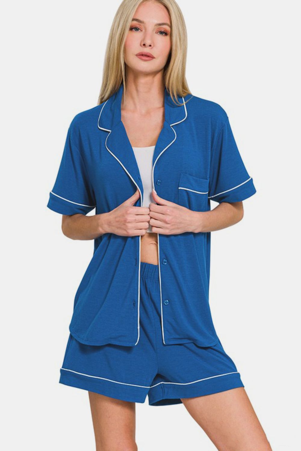 Blue Zone Planet | Zenana Button Down Short Sleeve Top and Shorts Lounge Set-TOPS / DRESSES-[Adult]-[Female]-2022 Online Blue Zone Planet