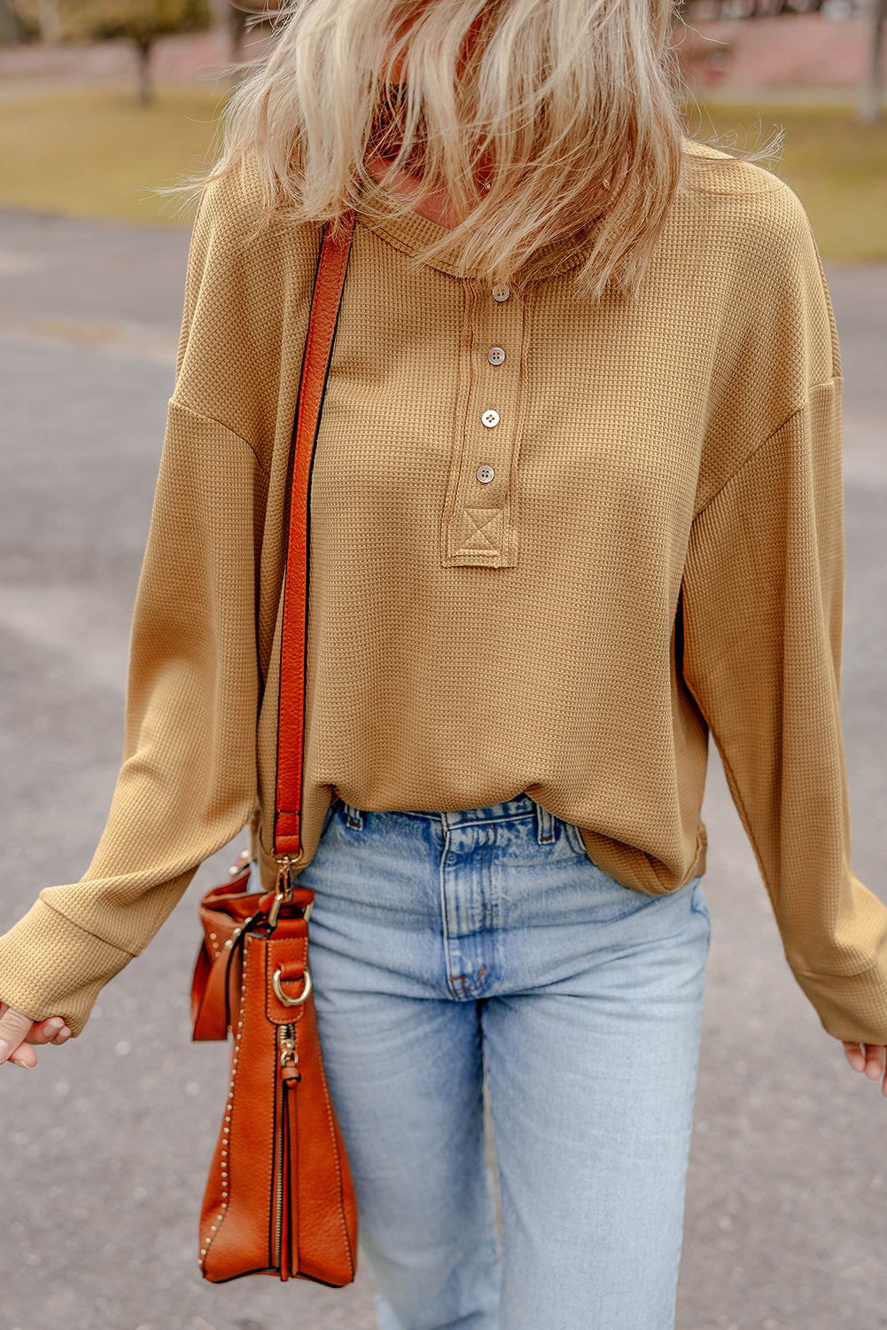 Camel Textured Knit Half Button Drop Shoulder Oversized Top-Tops/Long Sleeve Tops-[Adult]-[Female]-2022 Online Blue Zone Planet