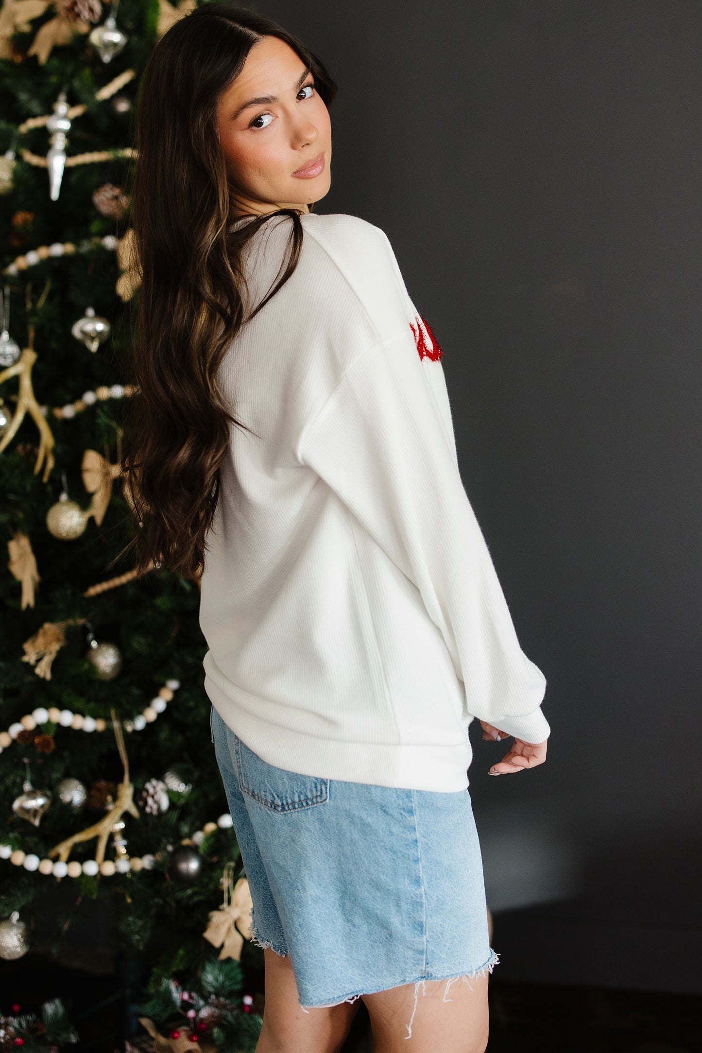 White Merry Tinsel Letter Embroidery Ribbed Drop Shoulder Sweatshirt-Tops/Sweatshirts & Hoodies-[Adult]-[Female]-2022 Online Blue Zone Planet