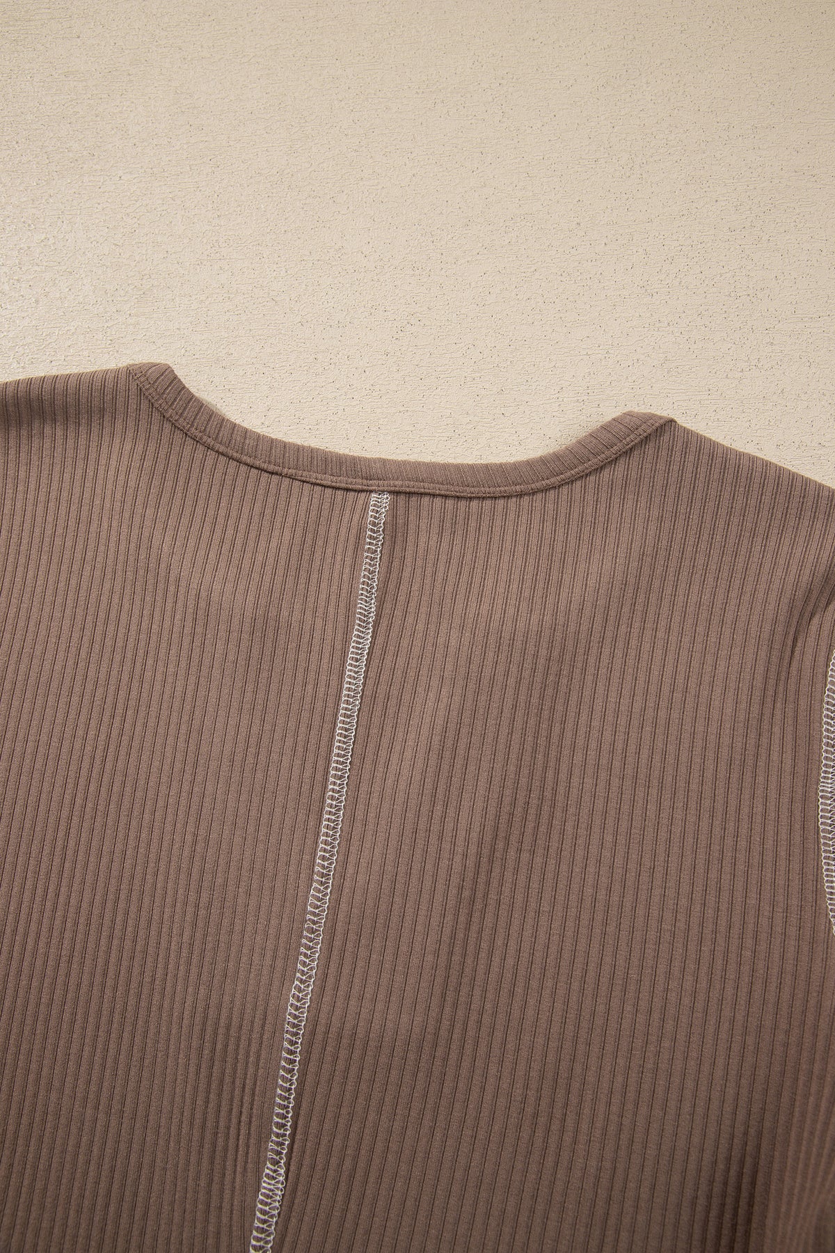 Dark Khaki V Neck Ribbed Stitched Detail Long Sleeve Top-Tops/Long Sleeve Tops-[Adult]-[Female]-2022 Online Blue Zone Planet