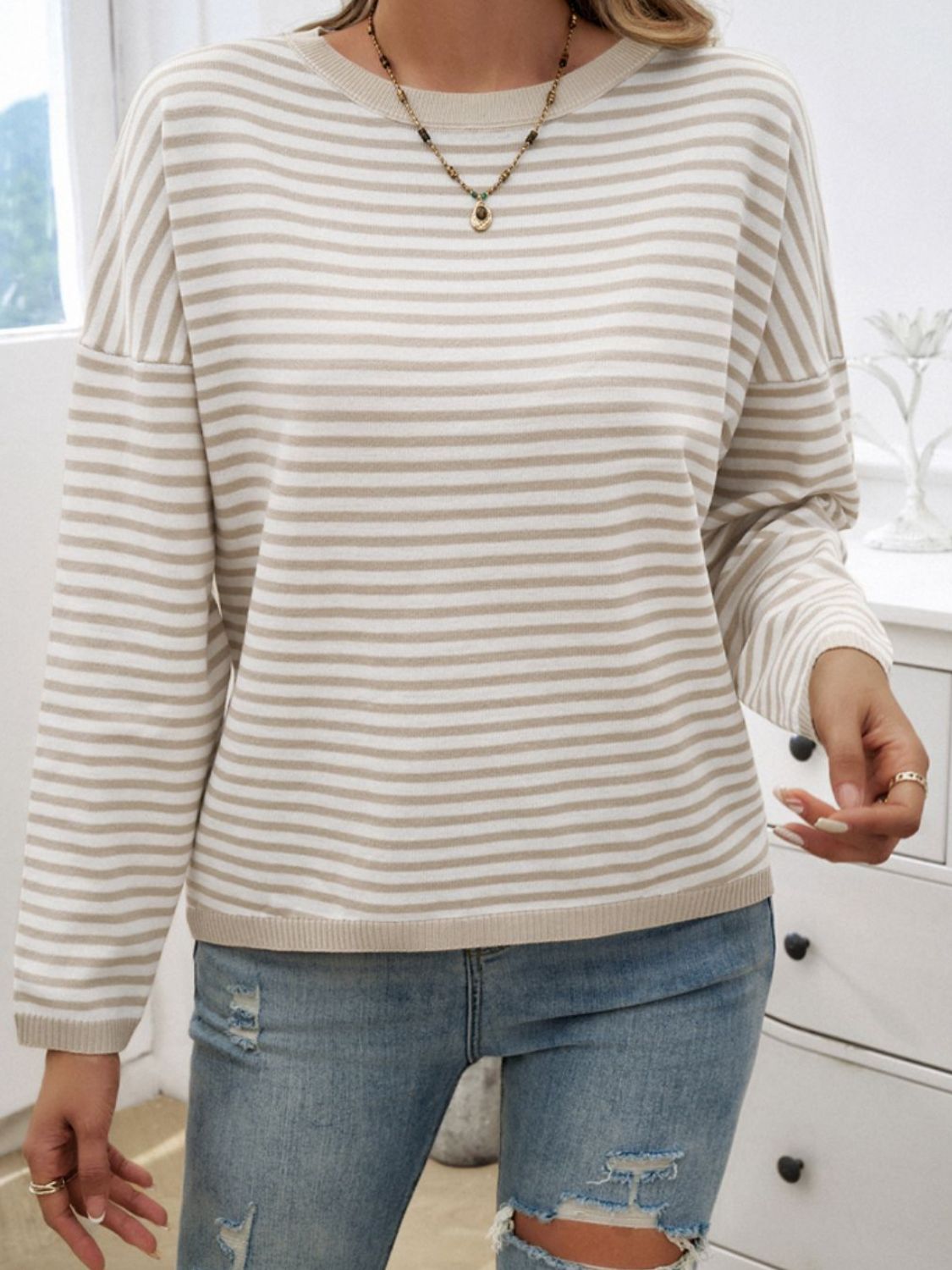 Striped Round Neck Dropped Shoulder Sweater-TOPS / DRESSES-[Adult]-[Female]-2022 Online Blue Zone Planet