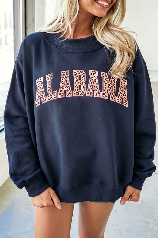 Dirty blue Embroidered Leopard Alabama High Neck Long Sleeve Tunic Sweatshirt-Tops/Sweatshirts & Hoodies-[Adult]-[Female]-Dirty blue-S-2022 Online Blue Zone Planet
