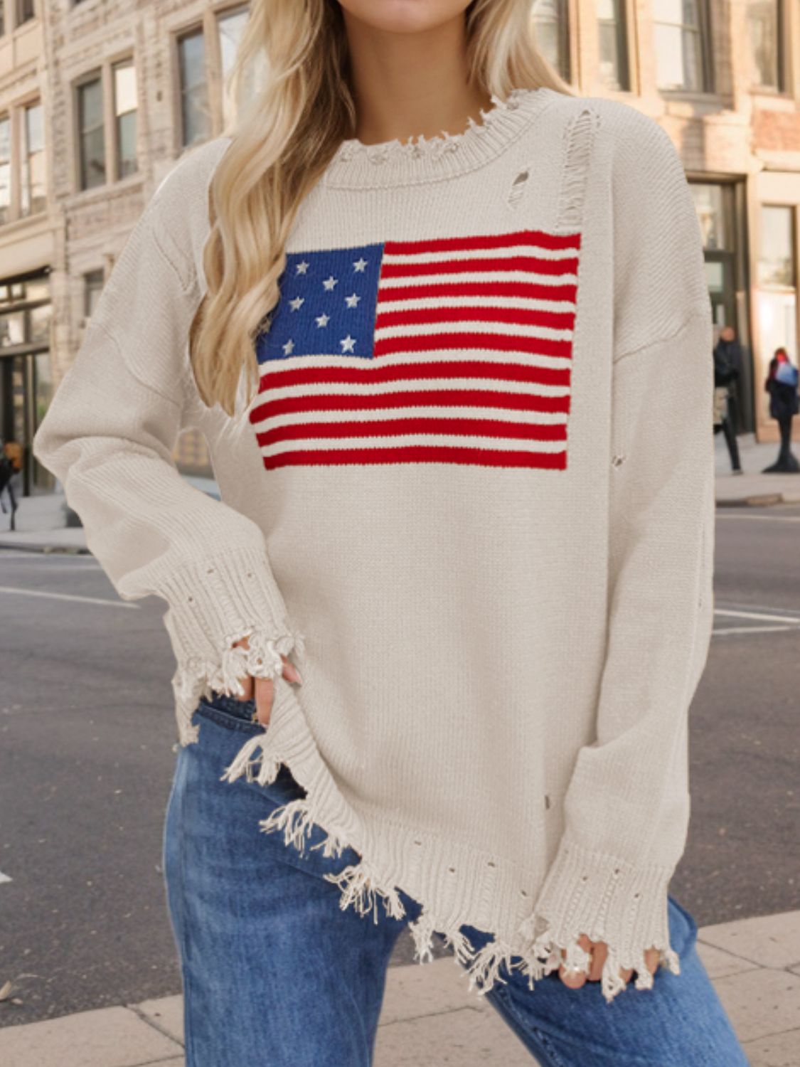 US Flag Distressed Round Neck Long Sleeve Sweater-TOPS / DRESSES-[Adult]-[Female]-Cream-S-2022 Online Blue Zone Planet