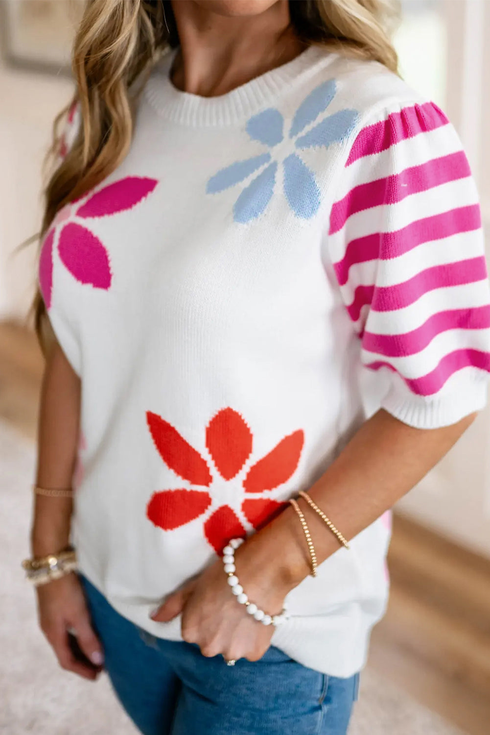 White Floral Pattern Striped Sleeve Sweater T Shirt-Sale (50% OFF)/20% OFF-[Adult]-[Female]-2022 Online Blue Zone Planet