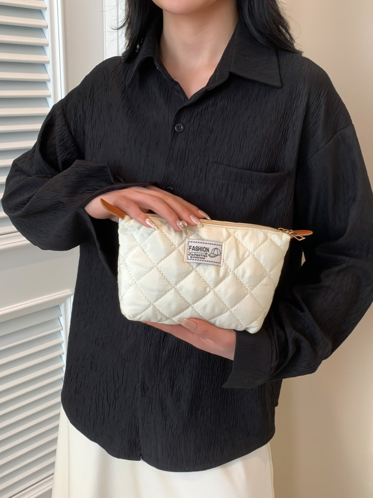 Solid Quilted Clutch with Zipper-HANDBAGS-[Adult]-[Female]-2022 Online Blue Zone Planet